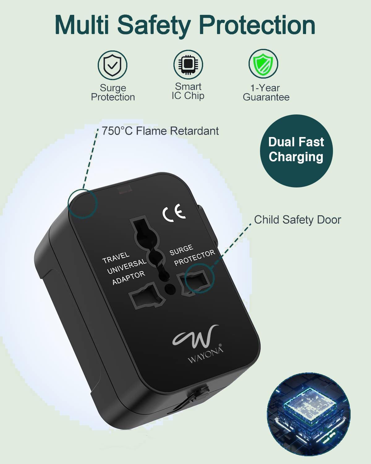 Wayona 38W Universal Travel Adapter With Type C & Usb A 1Xusb Qc 3.0,1Xtype C Pd20W,3.1A Max