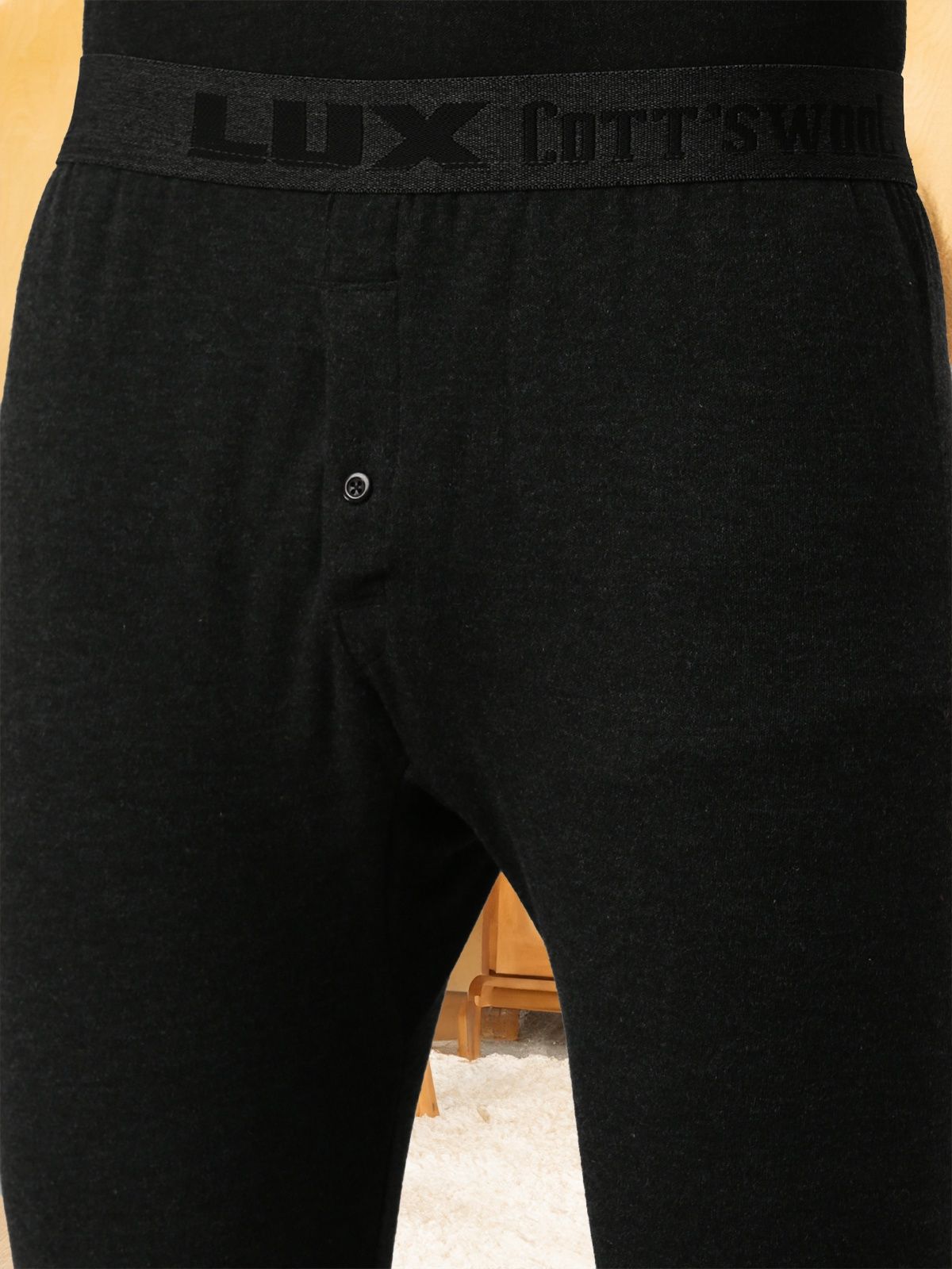 Lux Cottswool Men's Full Sleves Round Neck Thermal Top And Bottom Set | Black| 90 cm