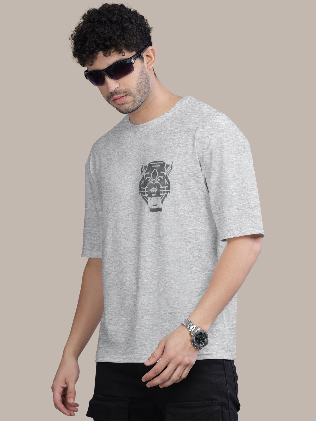 Bullmer Men's Oversized T-shirt Front and Back Printed | White Melange | XL