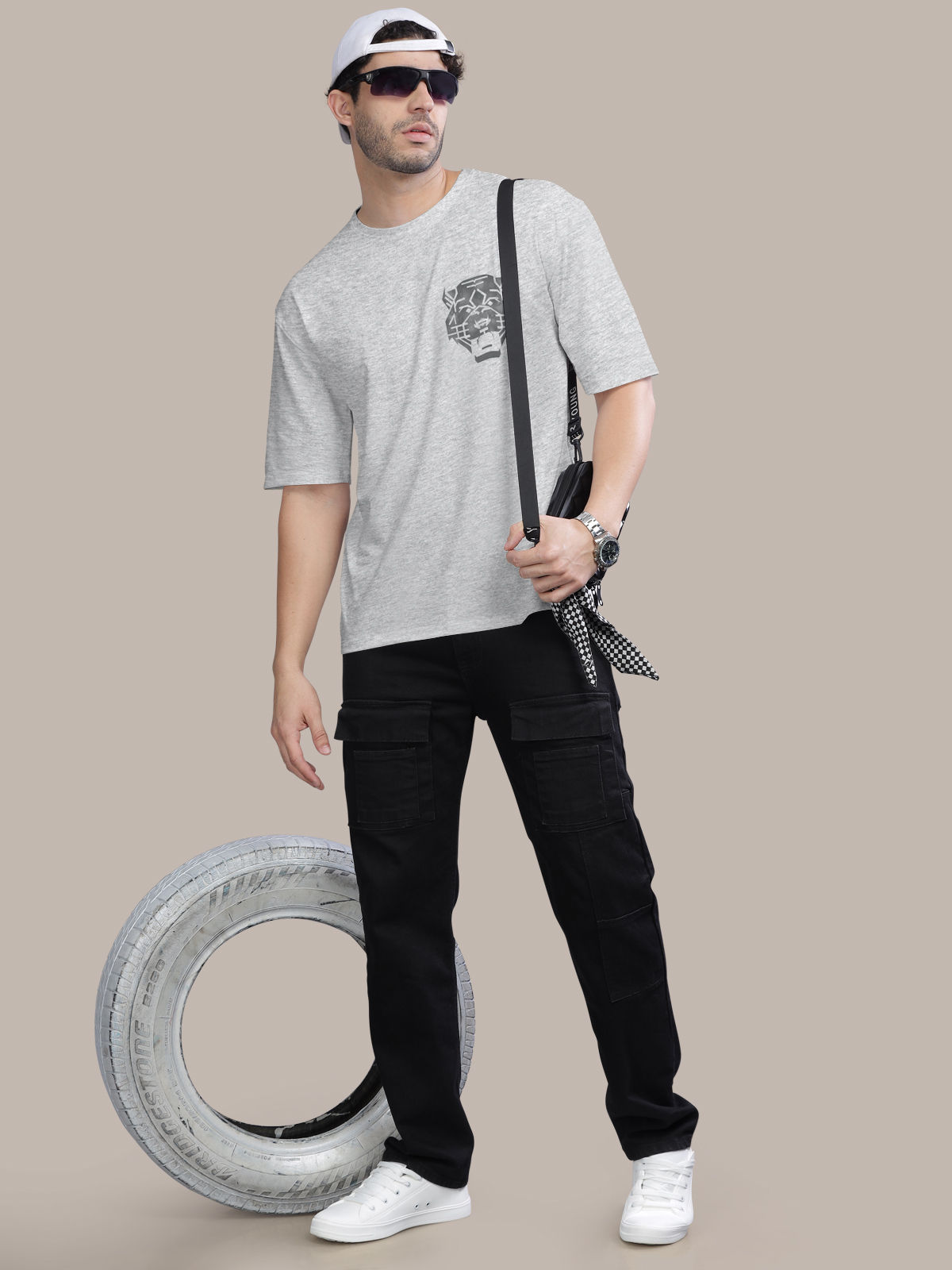 Bullmer Men's Oversized T-shirt Front and Back Printed | White Melange | XL