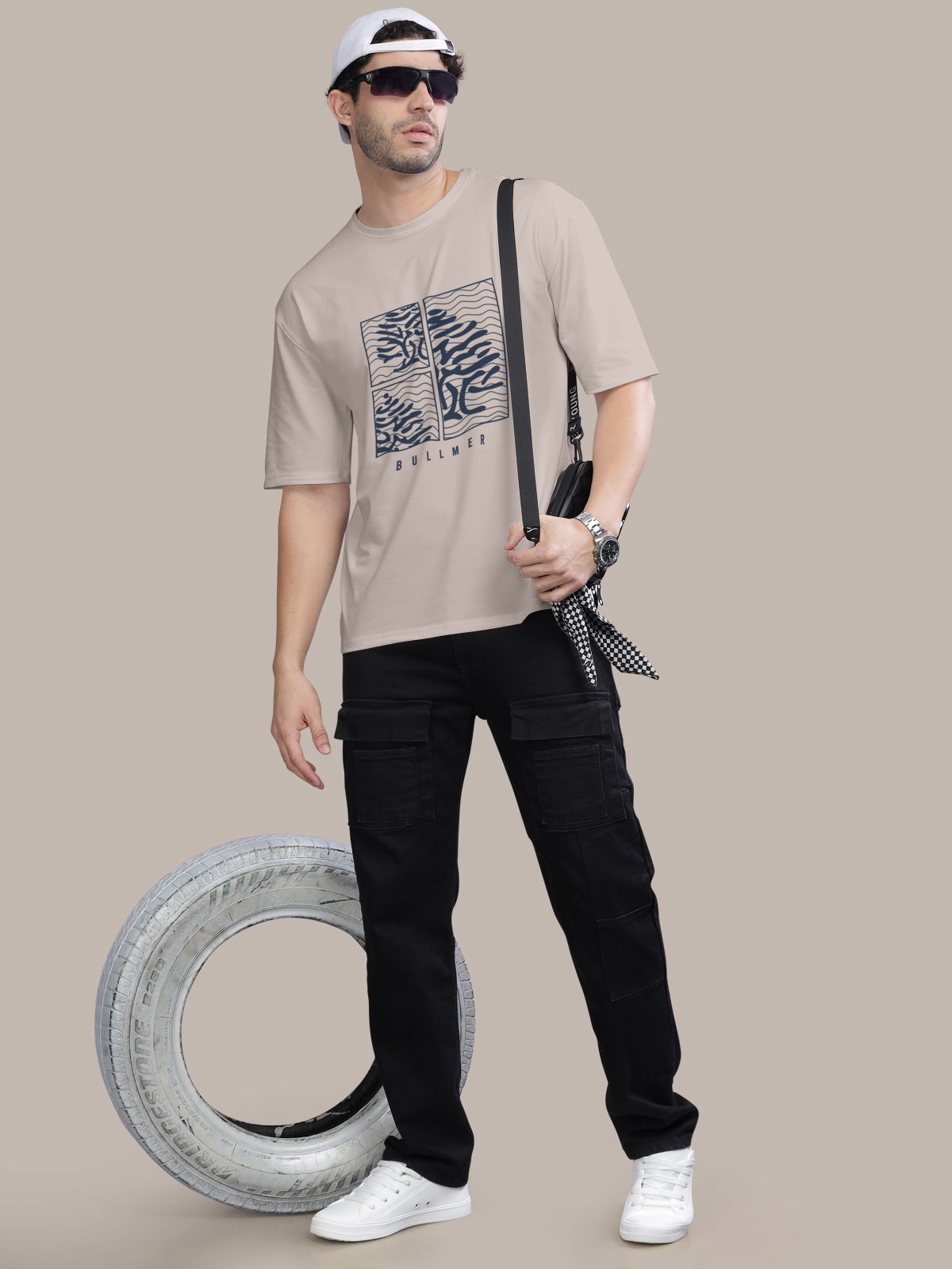 Bullmer Men's Oversized T-shirt Front Printed | Beige | M