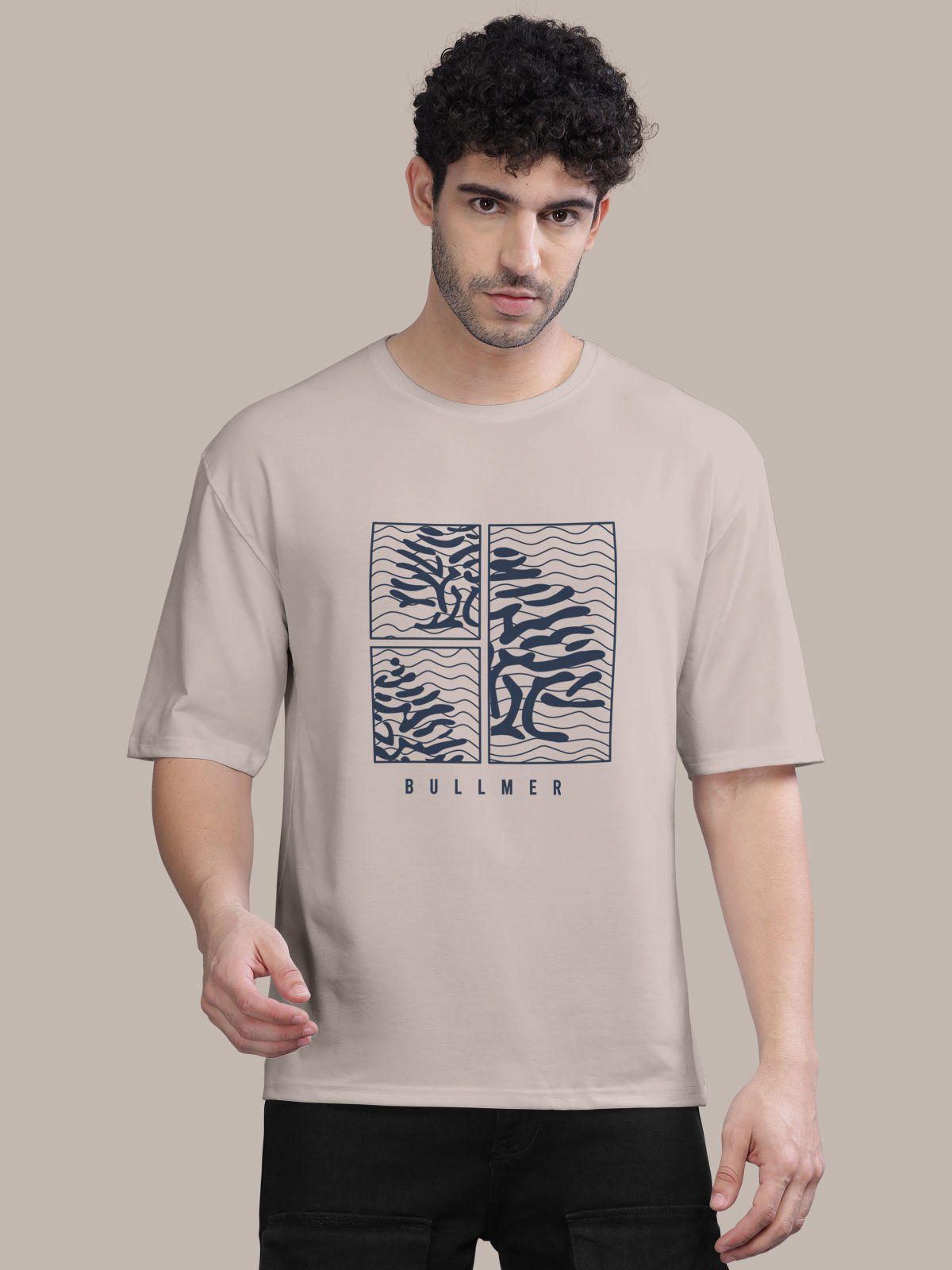Bullmer Men's Oversized T-shirt Front Printed | Beige | M