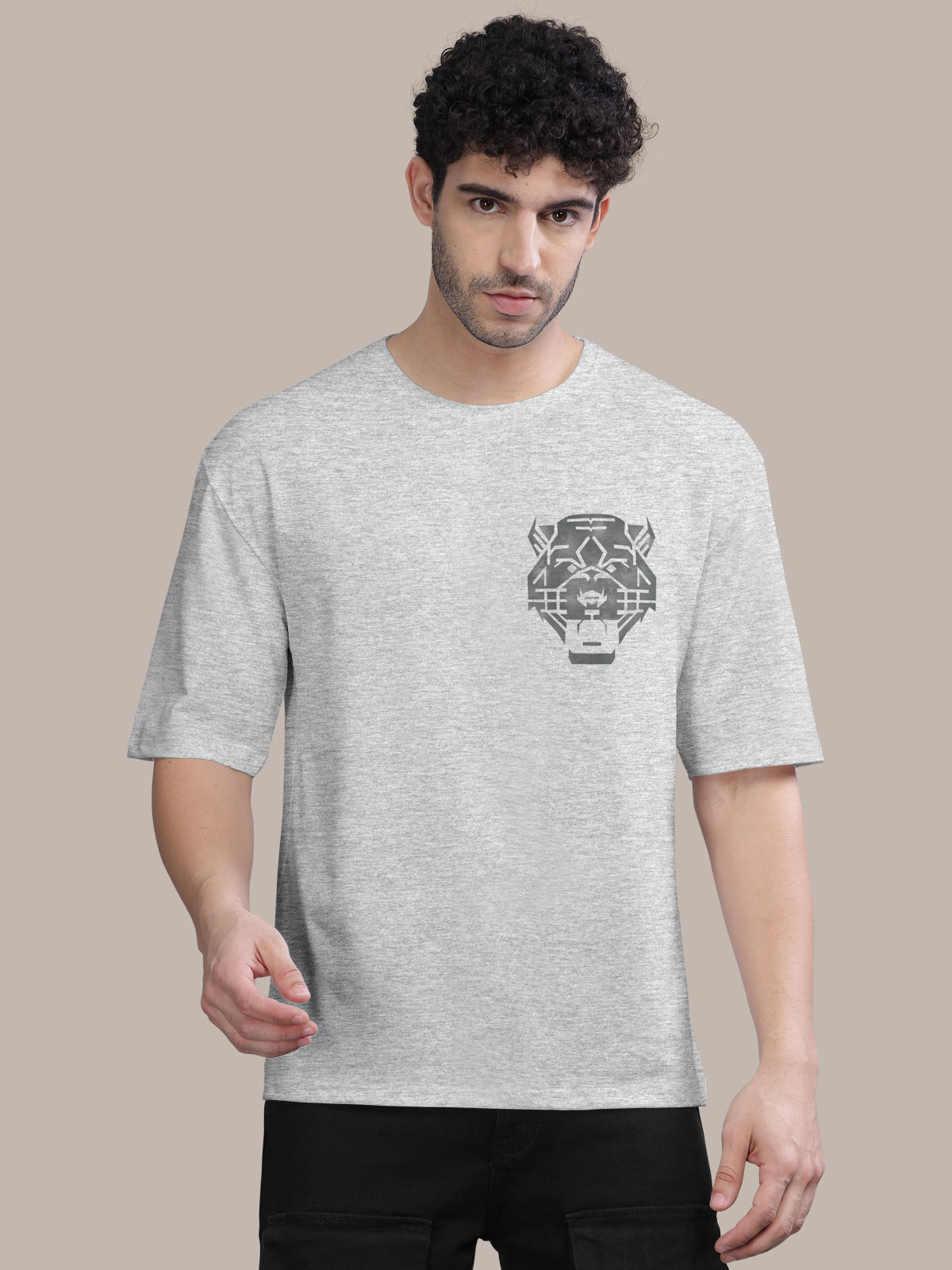 Bullmer Men's Oversized T-shirt Front and Back Printed | White Melange | XL