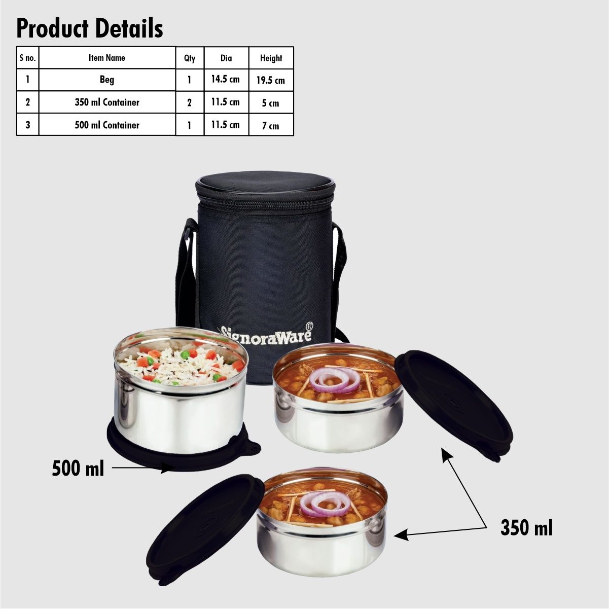 SignoraWare Executive Stainless Steel Lunch Box | set of 3 | 350ml + 350ml + 500ml | Black