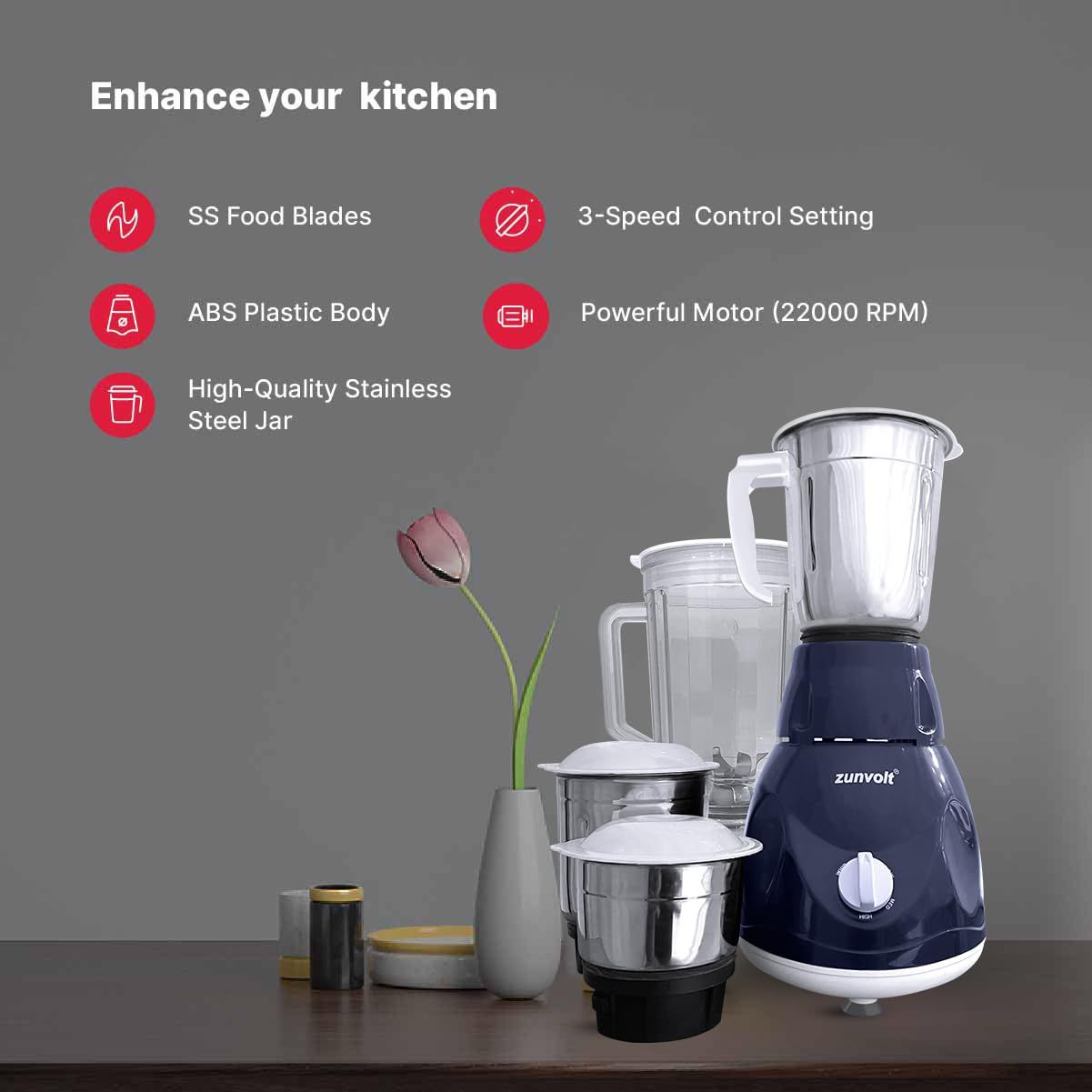 ZunVolt 500 Watt Premium MGX 500 Mixer Grinder | 4 Jars | Ink Blue |