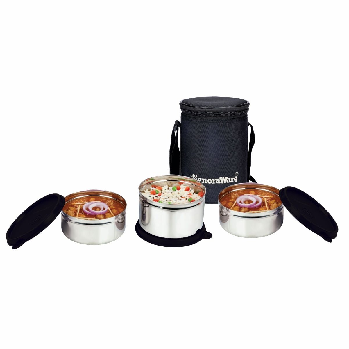 SignoraWare Executive Stainless Steel Lunch Box | set of 3 | 350ml + 350ml + 500ml | Black
