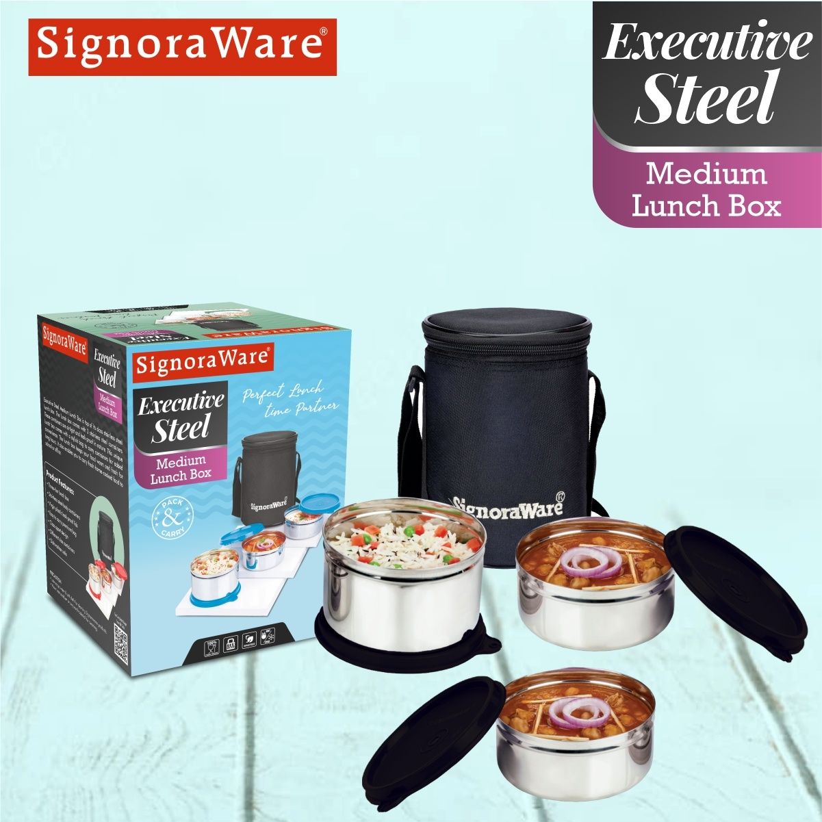 SignoraWare Executive Stainless Steel Lunch Box | set of 3 | 350ml + 350ml + 500ml | Black