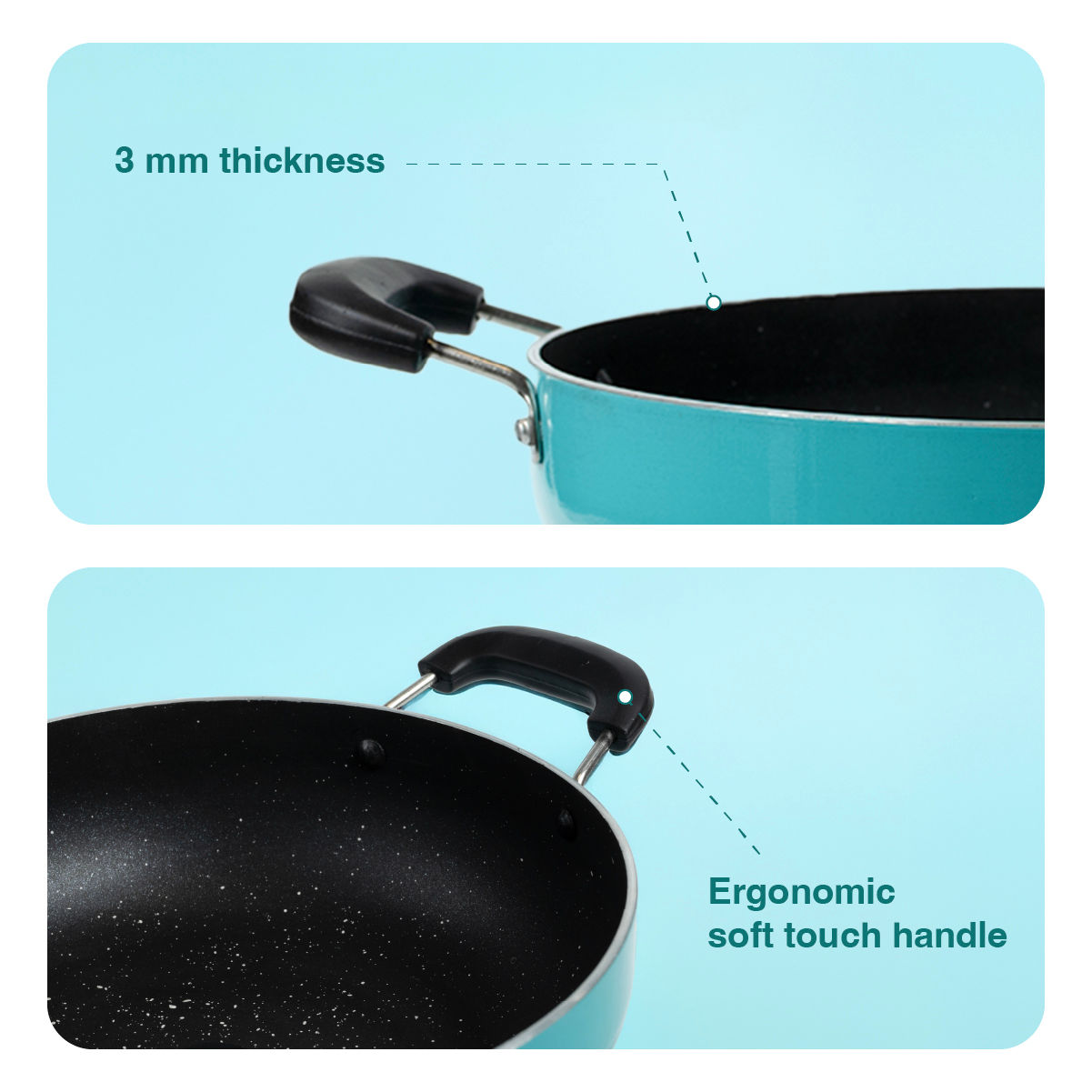 BAY6 Nonstick Induction Bottom Kadai with Glass Lid (3mm) 24 cm - Teal