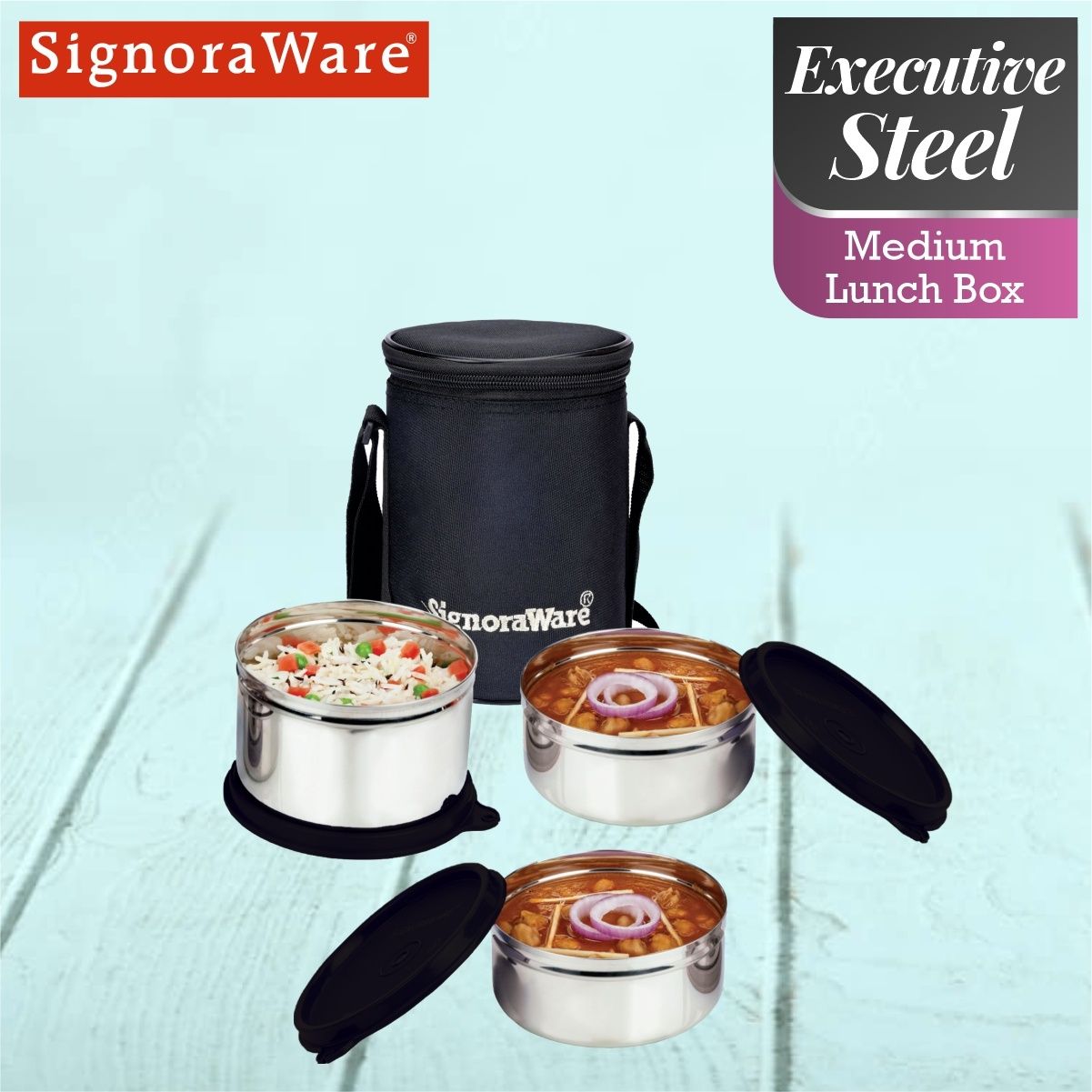 SignoraWare Executive Stainless Steel Lunch Box | set of 3 | 350ml + 350ml + 500ml | Black