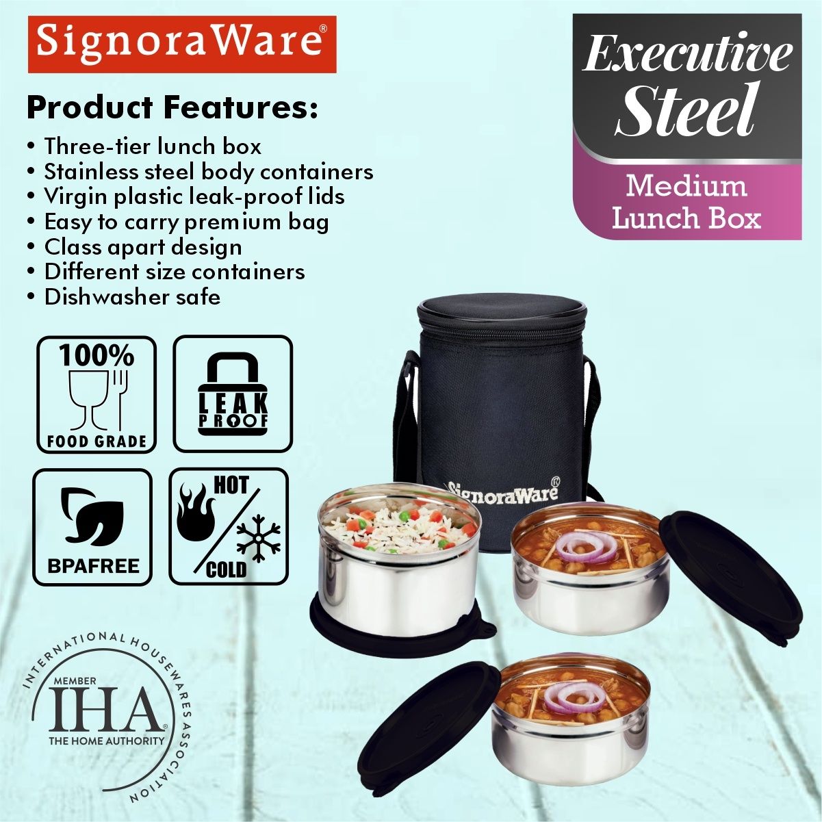 SignoraWare Executive Stainless Steel Lunch Box | set of 3 | 350ml + 350ml + 500ml | Black