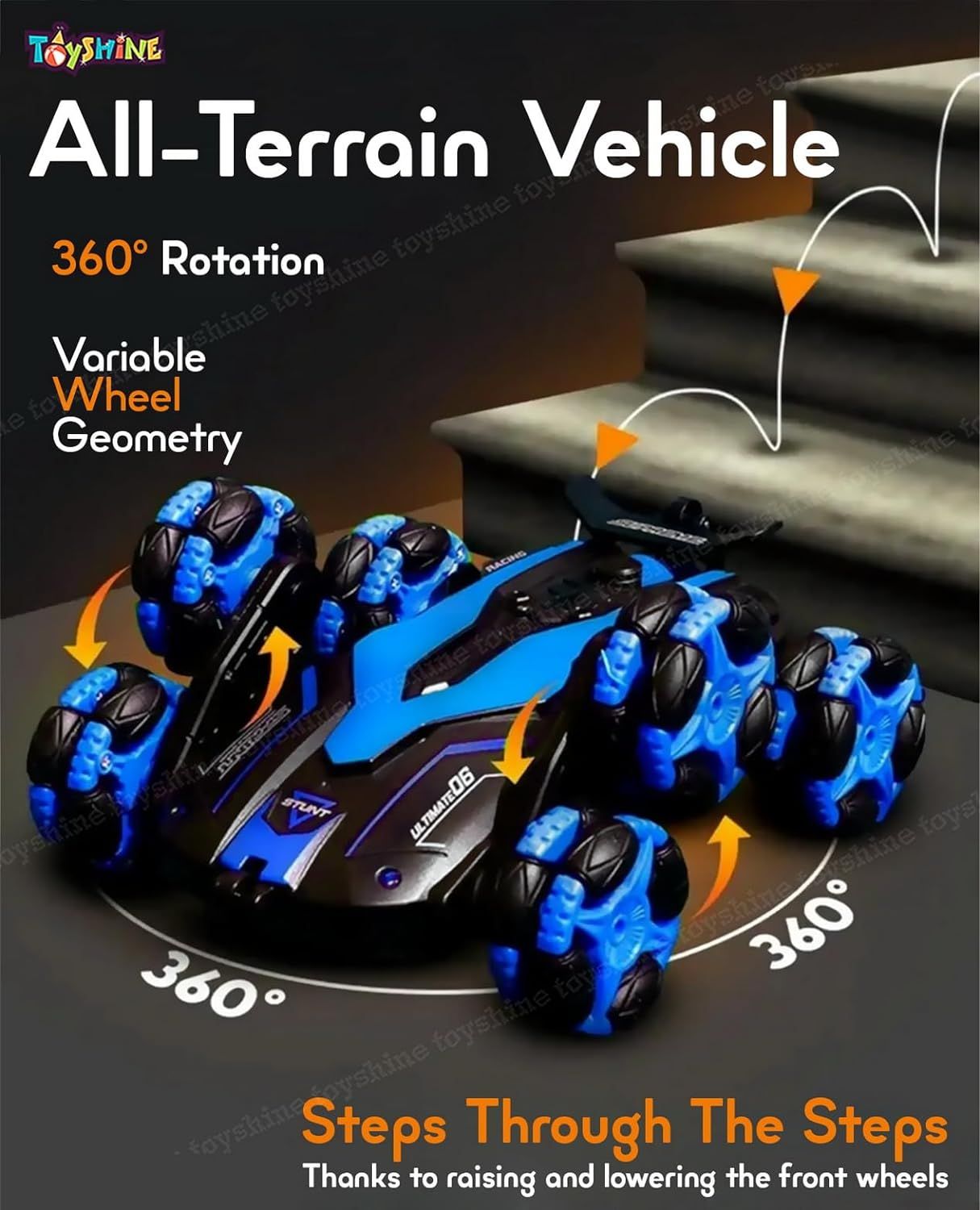 Toyshine 6 Wheels 360� Rotating Remote Control Stunt Car Swing Arm Off Road 2.4Ghz Blue