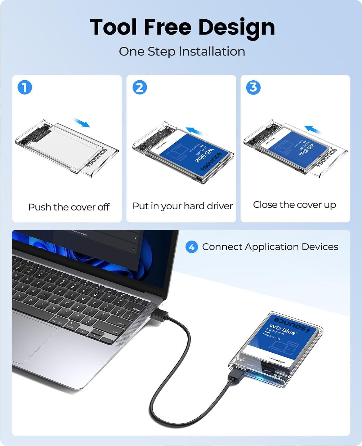 Sounce 2.5 Inch Sata Ssd Enclosure Transparent Case, Usb 3.0 To Sata Tool-Free External Hard Disk