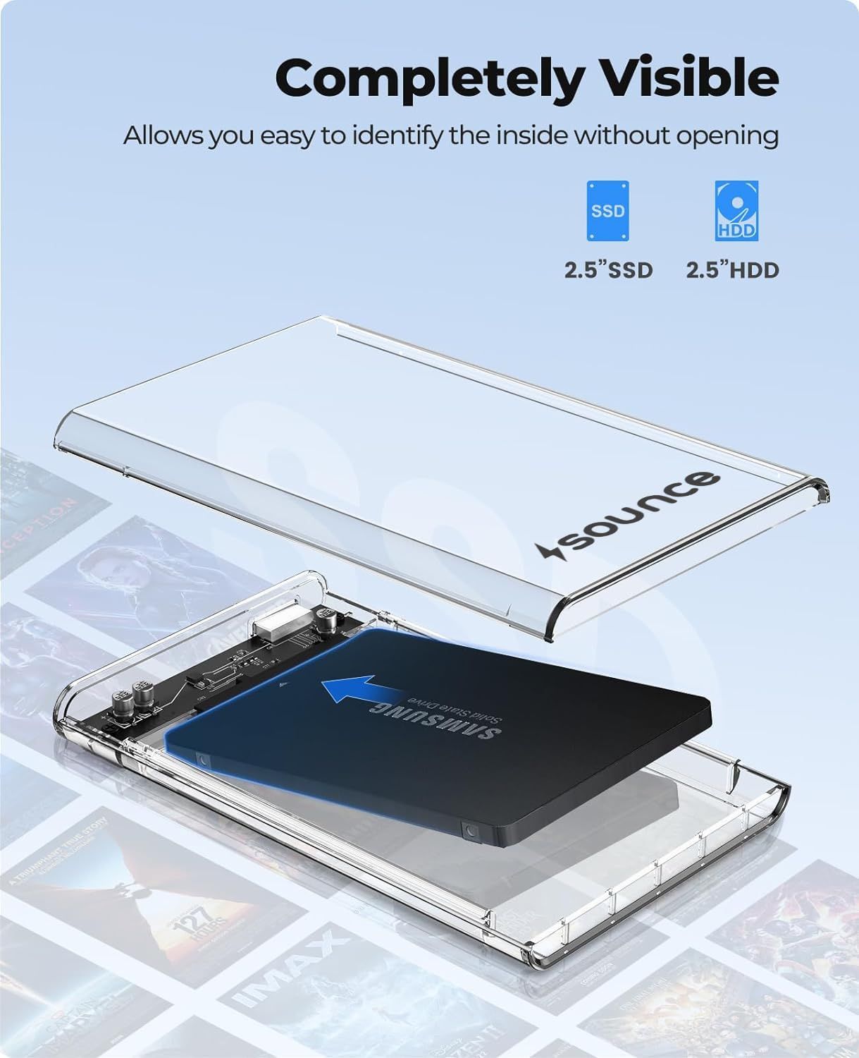 Sounce 2.5 Inch Sata Ssd Enclosure Transparent Case, Usb 3.0 To Sata Tool-Free External Hard Disk