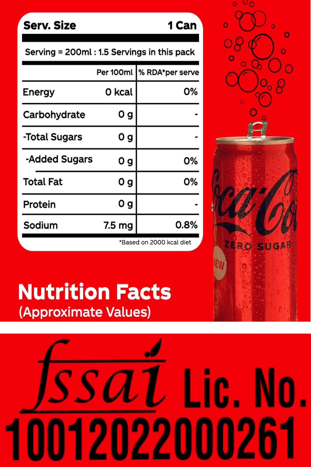Coca Cola Coke Zero Soft Drink Can - No Sugar Combo