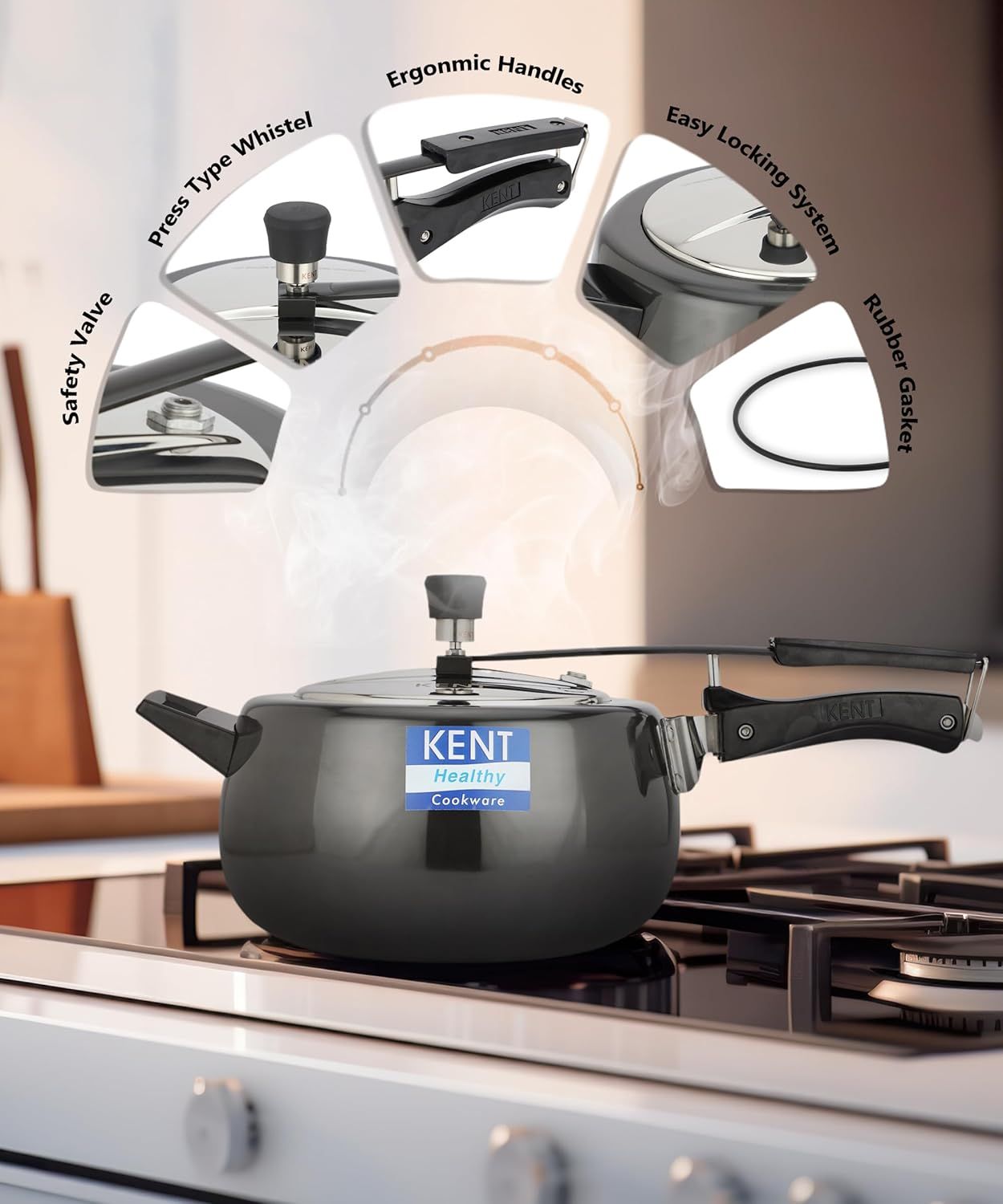 Kent Hard Anodised Pressure Cooker 3L with SS Inner Lid 3.25 mm Thick Base Induction Compatible