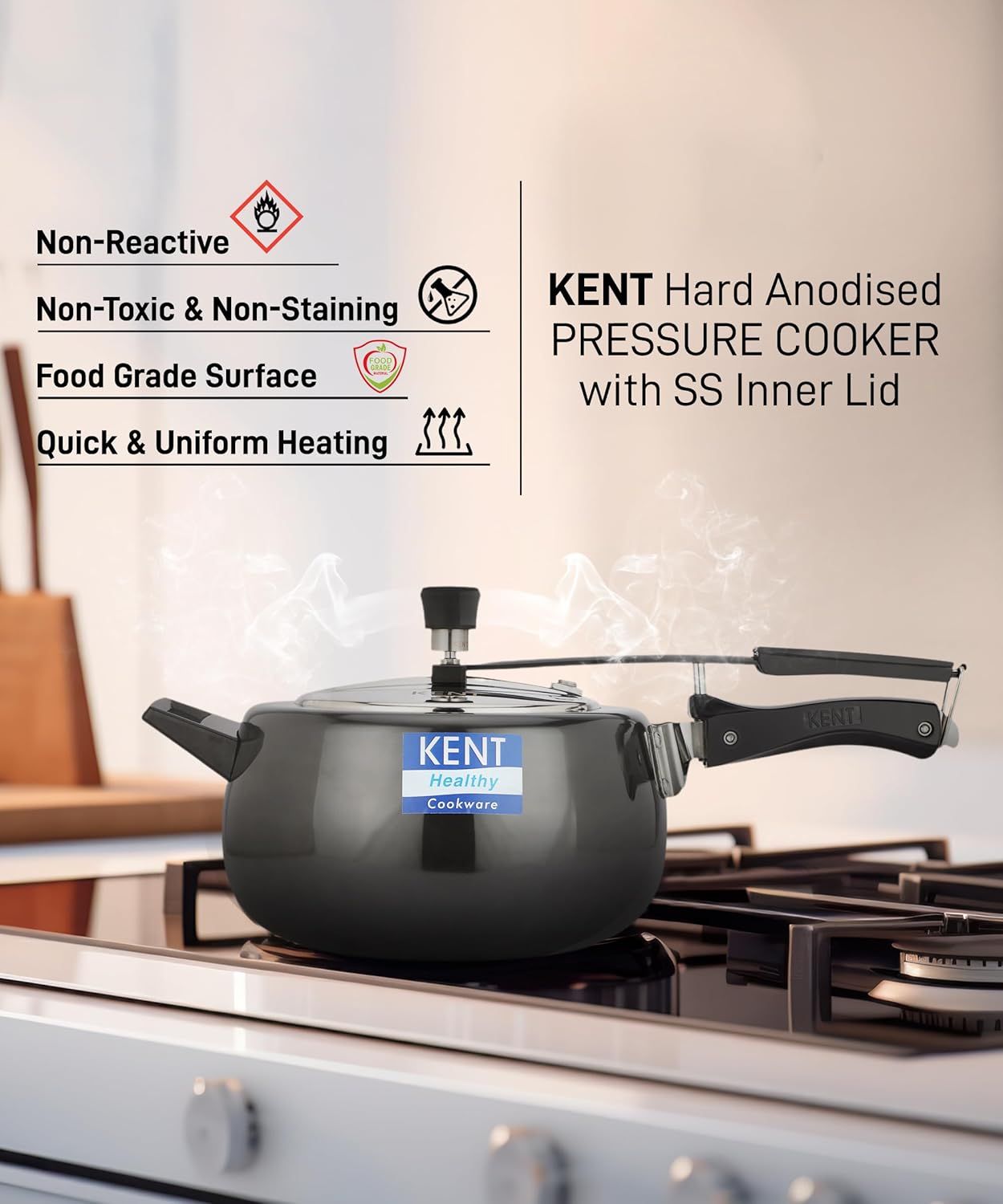 Kent Hard Anodised Pressure Cooker 5L with SS Inner Lid 3.25 mm Thick Base Induction Compatible
