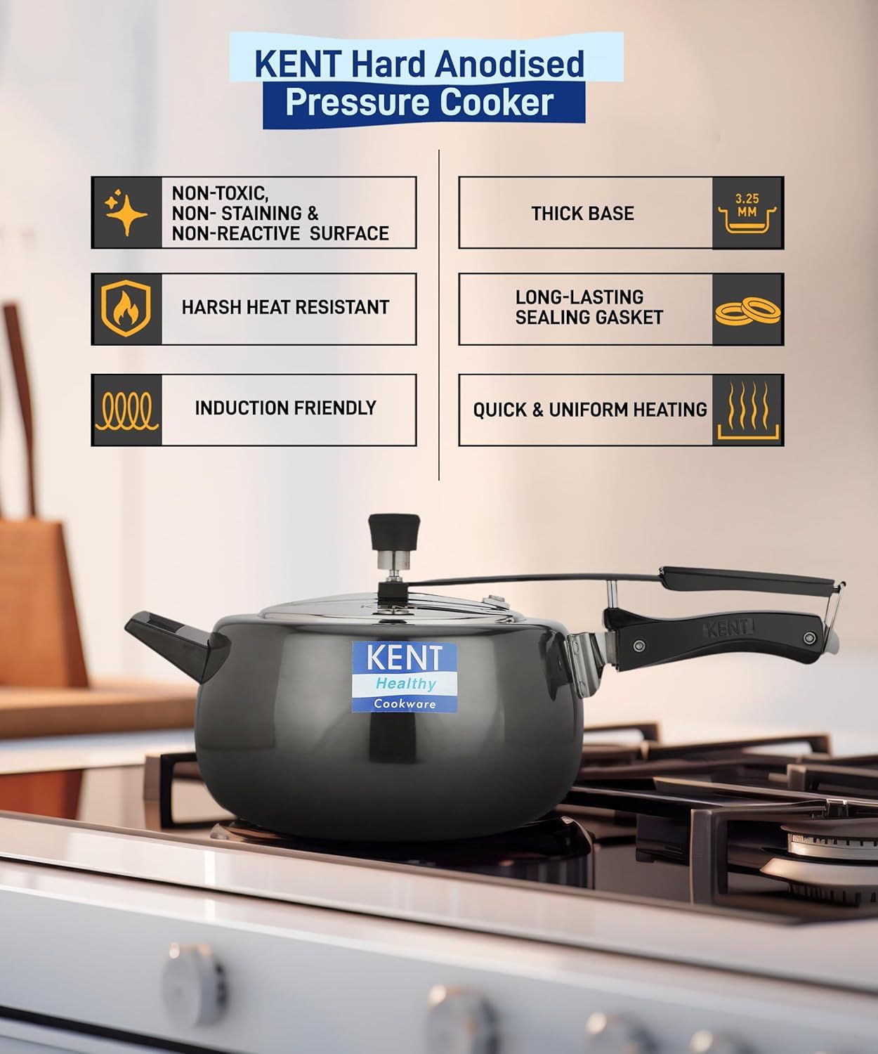 Kent Hard Anodised Pressure Cooker 5L with SS Inner Lid 3.25 mm Thick Base Induction Compatible