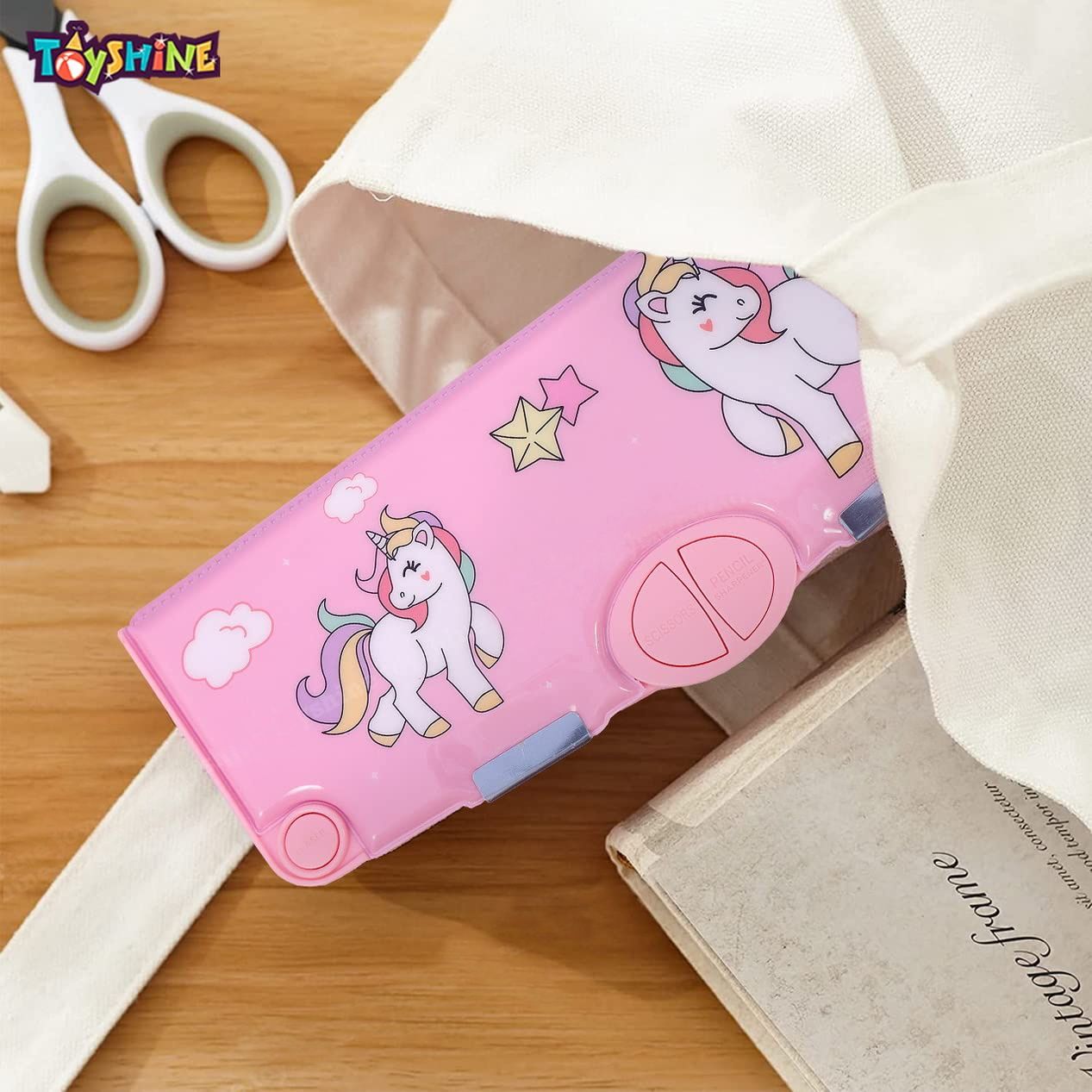 Toyshine Button Enabled Double Compartment Pencil Box - Storages - Sharpner For Kids - Unicorn Pink