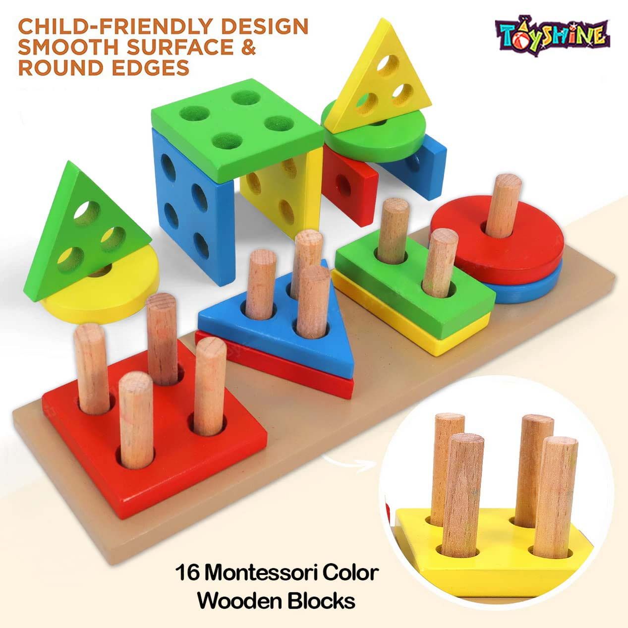Toyshine Wooden 4 Angle Geometric Blocks Building Stacker Shape Sorter Toy Set (20 pieces)