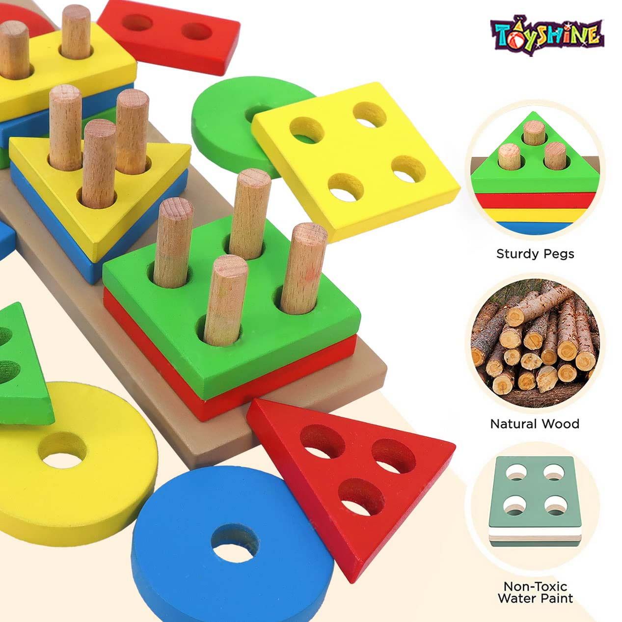 Toyshine Wooden 4 Angle Geometric Blocks Building Stacker Shape Sorter Toy Set (20 pieces)