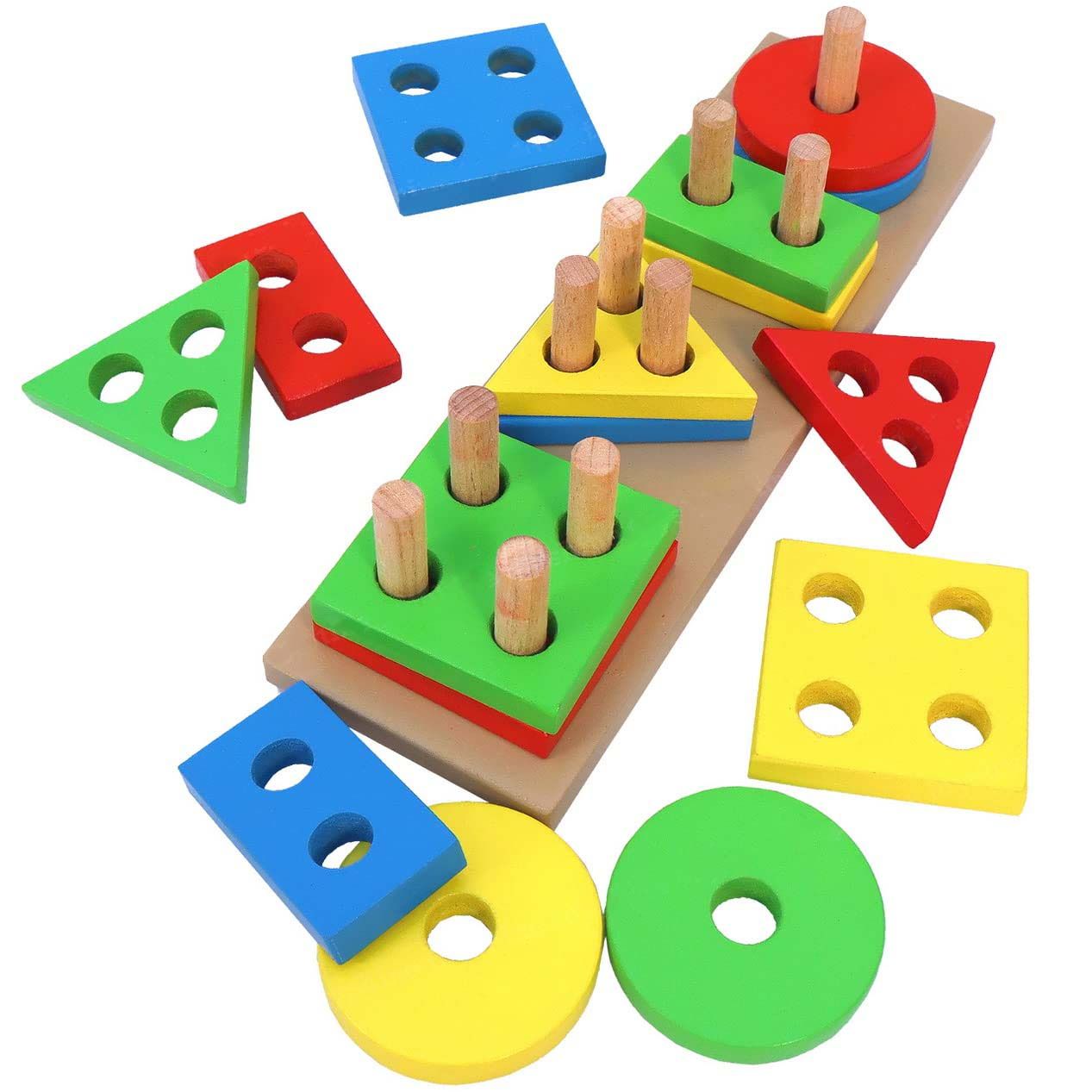 Toyshine Wooden 4 Angle Geometric Blocks Building Stacker Shape Sorter Toy Set (20 pieces)