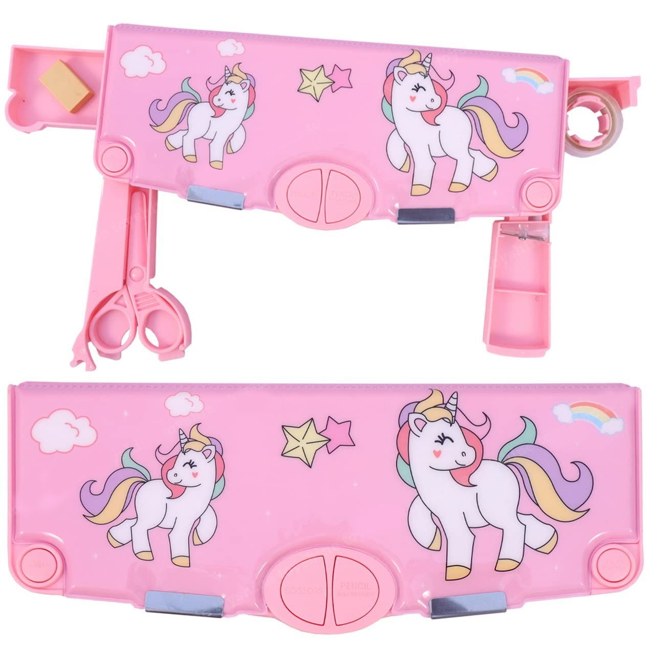 Toyshine Button Enabled Double Compartment Pencil Box - Storages - Sharpner For Kids - Unicorn Pink