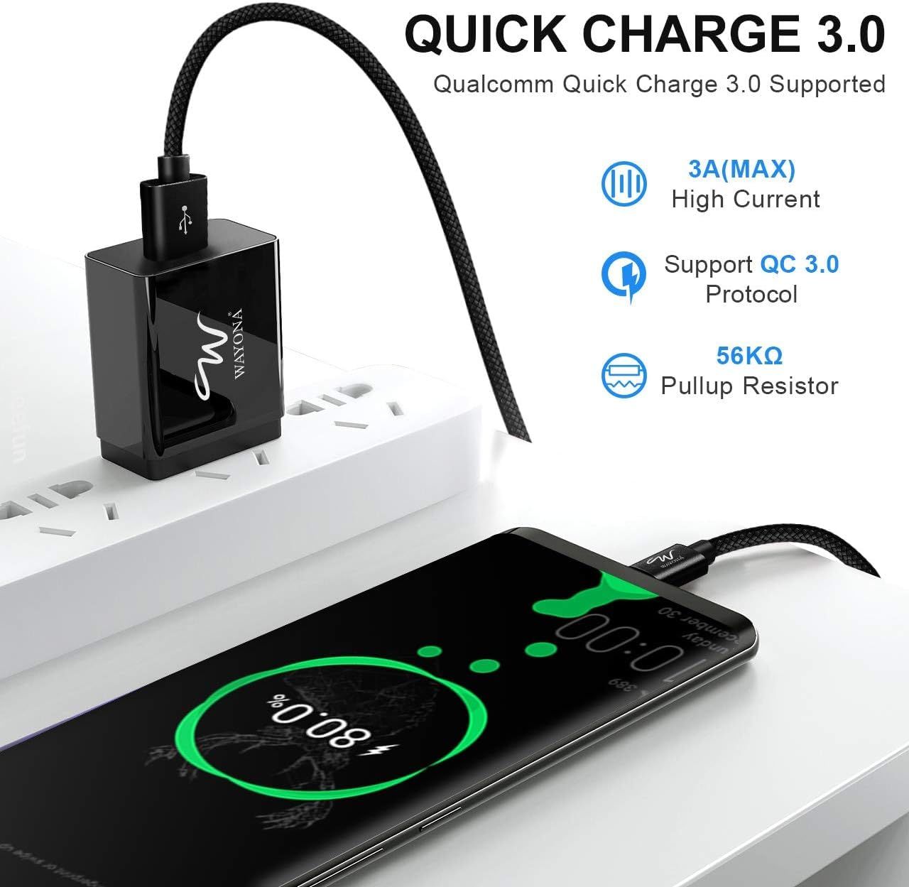 Wayona Type C 3Meter Nylonbraided 65W/3A Fast Charging Usb C Cable Samsung 15 Series 10Ft Black