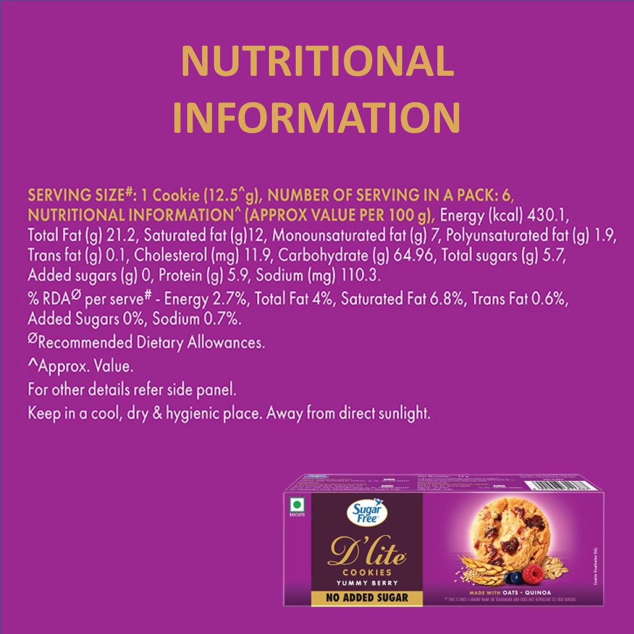 Sugar Free D'Lite Yummy Berry Cookies | Zero Added Sugar | Made with Oats & Quinoa 75 g Combo