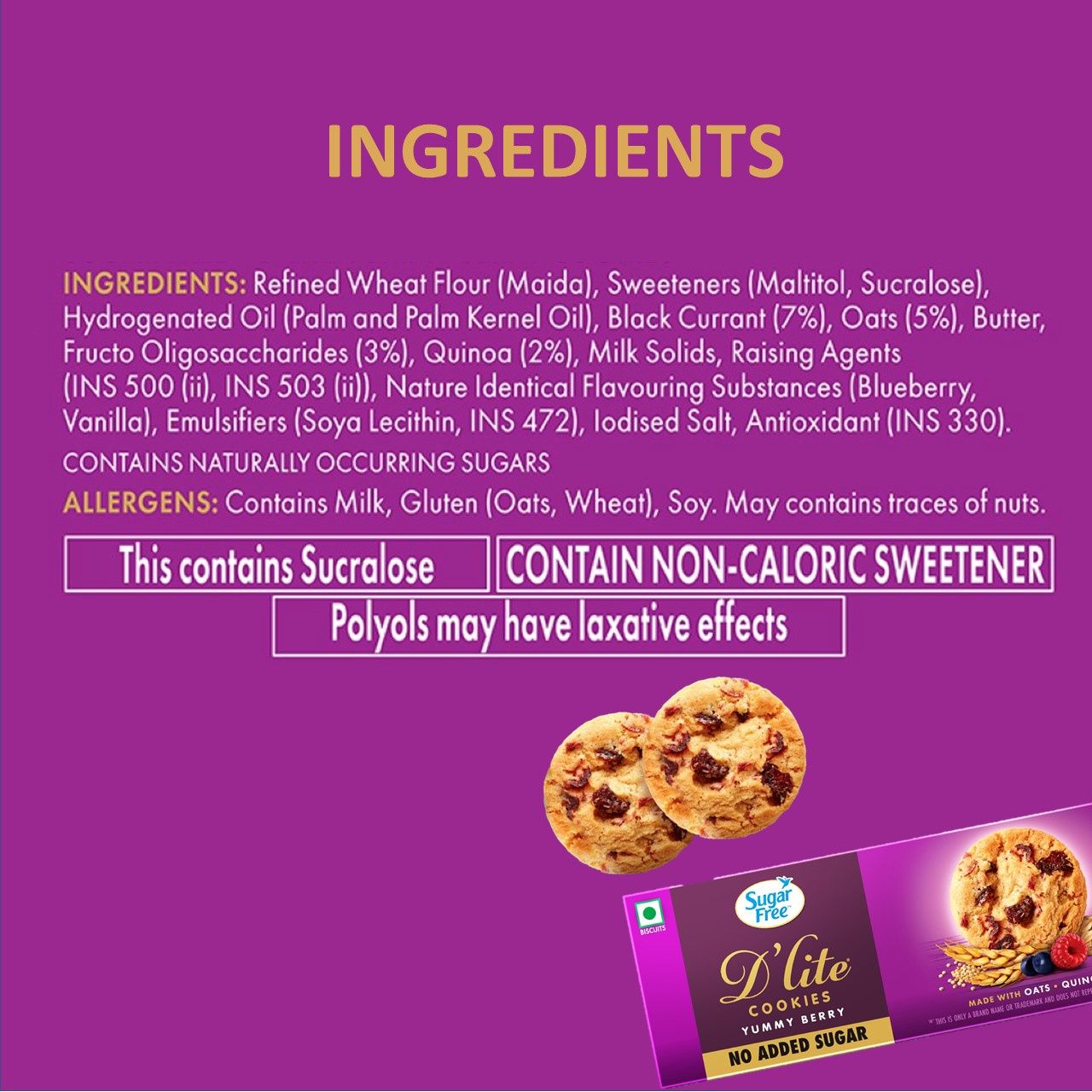 Sugar Free D'Lite Yummy Berry Cookies | Zero Added Sugar | Made with Oats & Quinoa 75 g Combo