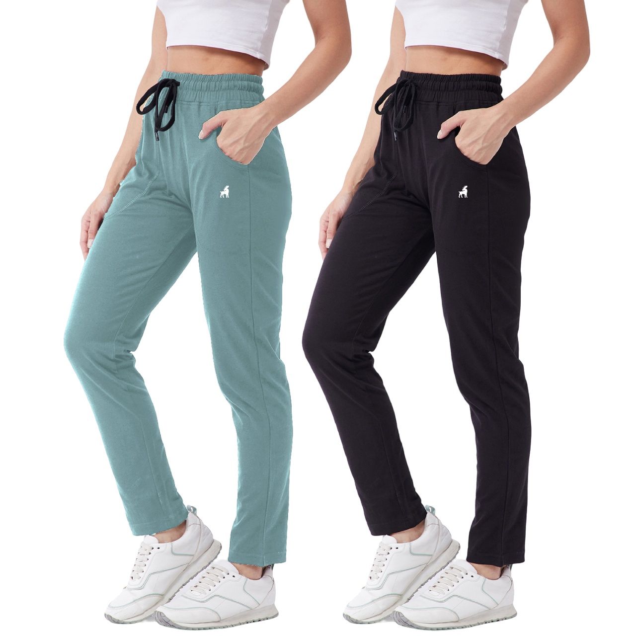 Modeve Women's Cotton Blend Solid Track Pant for Summer | Sage and Black | L