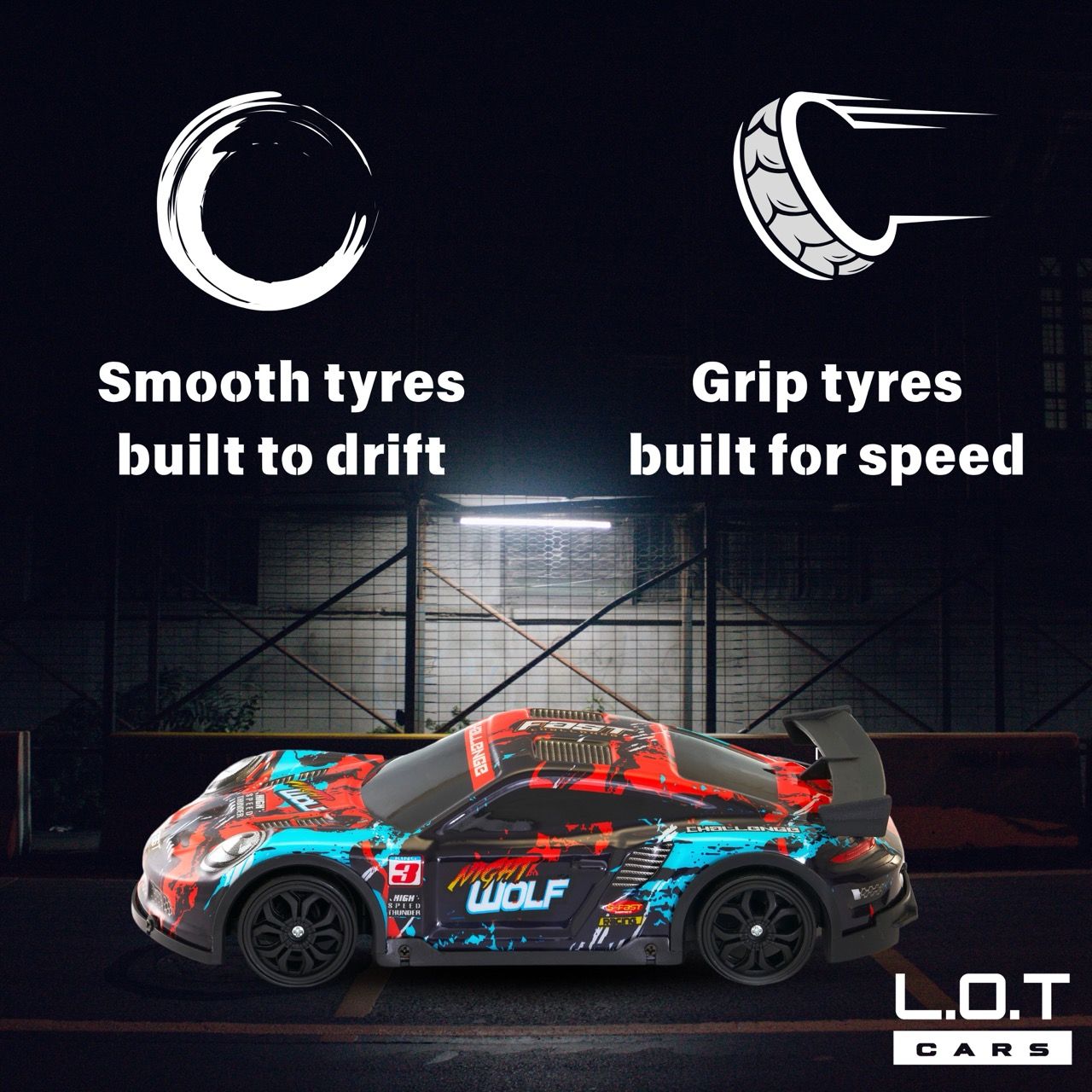 RC Drift Car with 4 extra wheels, 20 Kmph & PVC Shell (Night Wolf - Red)