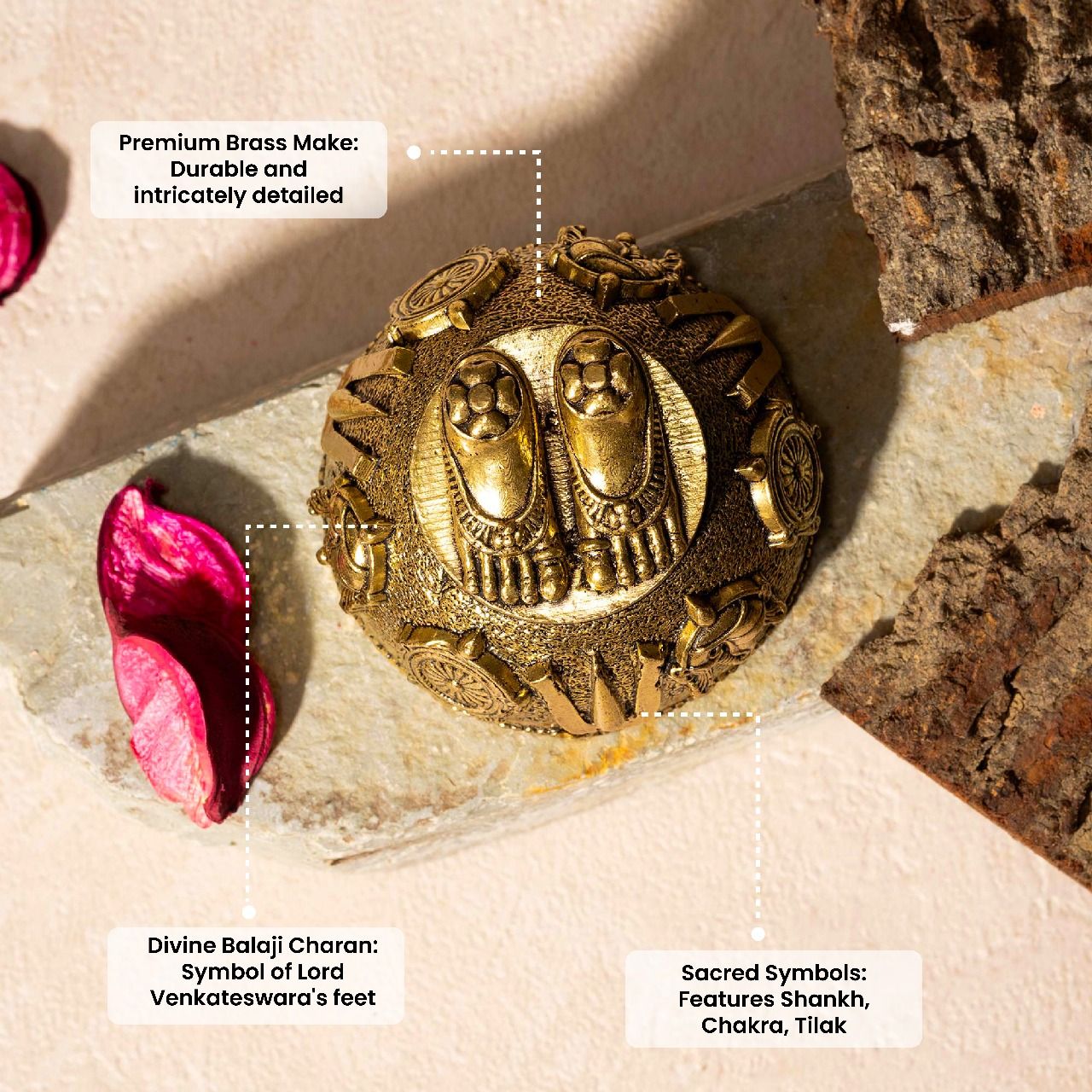 Aksharveda Brass Balaji Charan With Shankh Chakra Tilak Idol | 1.75 inch