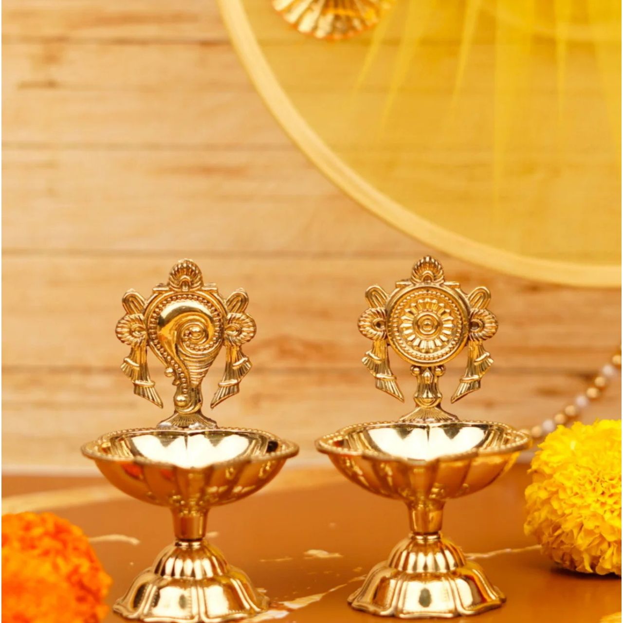 Servdharm Pure Brass Shankh Chakra Diya | 3.5 Inch | Set Of 2