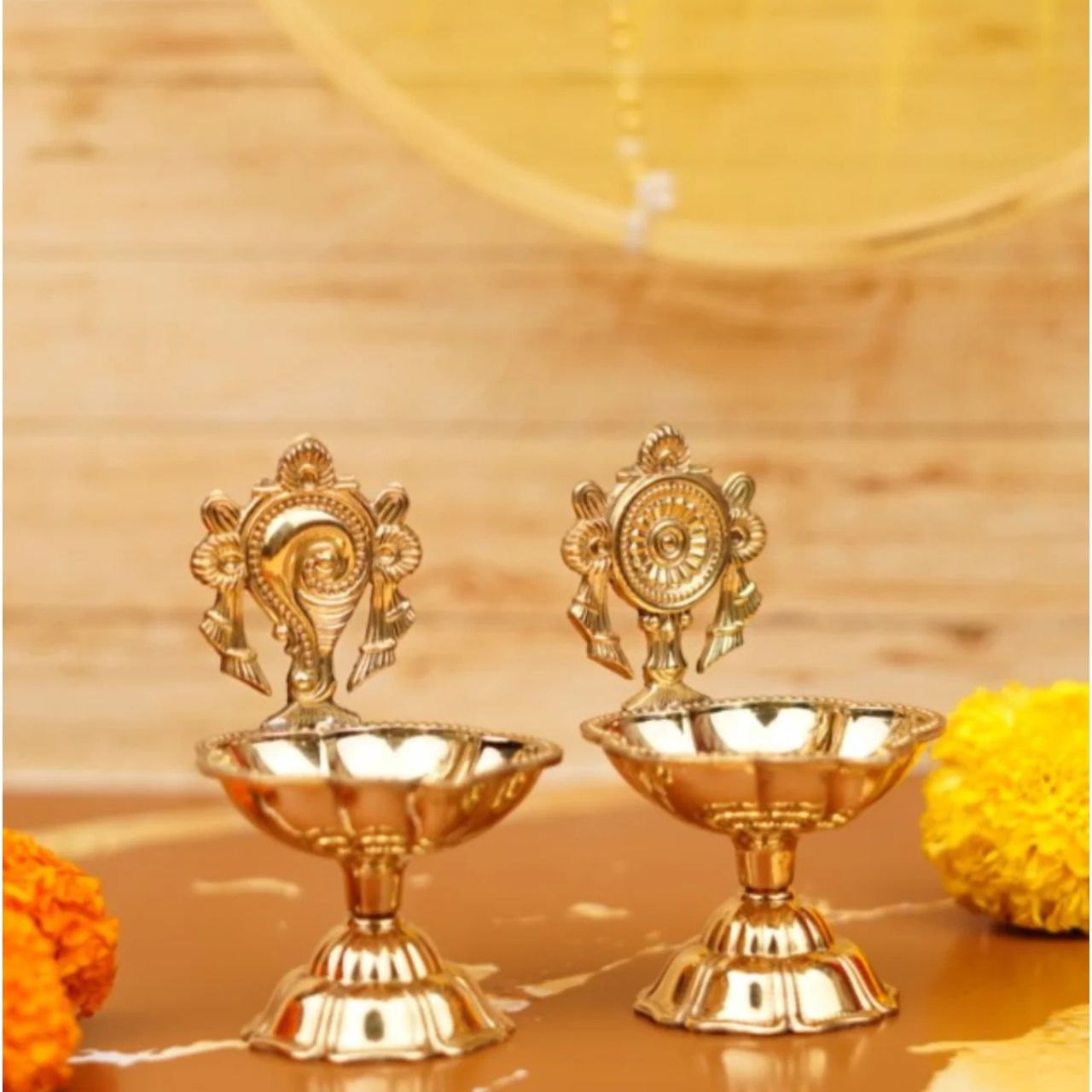 Servdharm Pure Brass Shankh Chakra Diya | 3.5 Inch | Set Of 2
