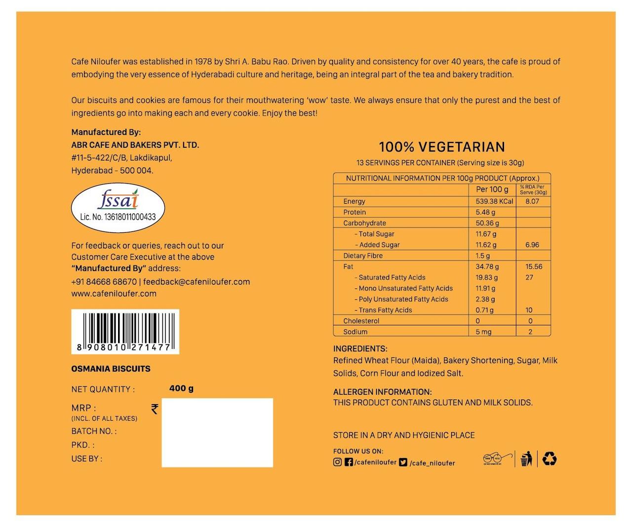 Cafe Niloufer Osmania Butter Flavoured Biscuits | Artificial Flavour-free and Preservative-free