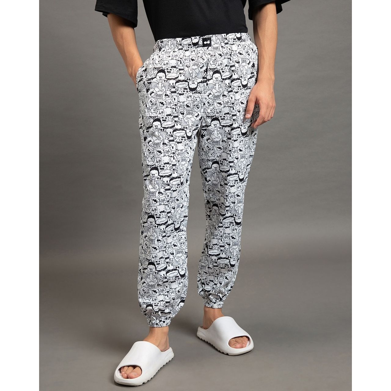 Bewakoof Men's All Over Printed Pyjamas | White - XL