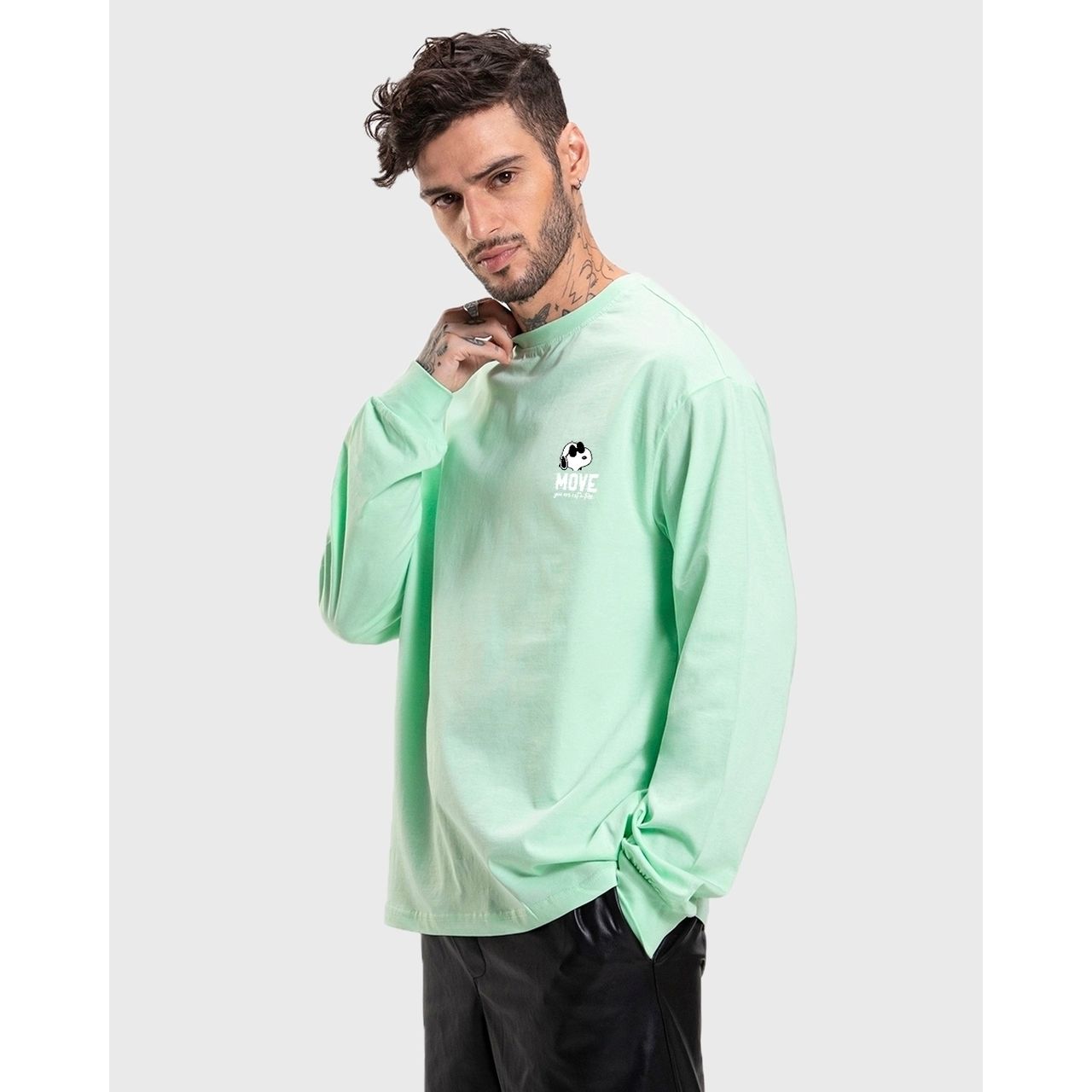 Bewakoof Official Peanuts Merchandise Men's Move On Graphic Printed Oversized T-shirt | Green - M