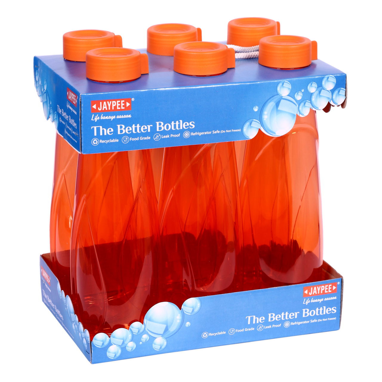 Jaypee Plus Oasis Fridge Plastic Water Bottle Set of 6 | Orange | Capacity 1000 ml Each