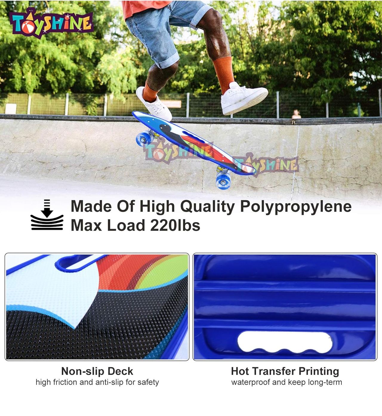 Toyshine Complete Skateboard With Colorful Led Light Up Wheels For Beginners, Blue