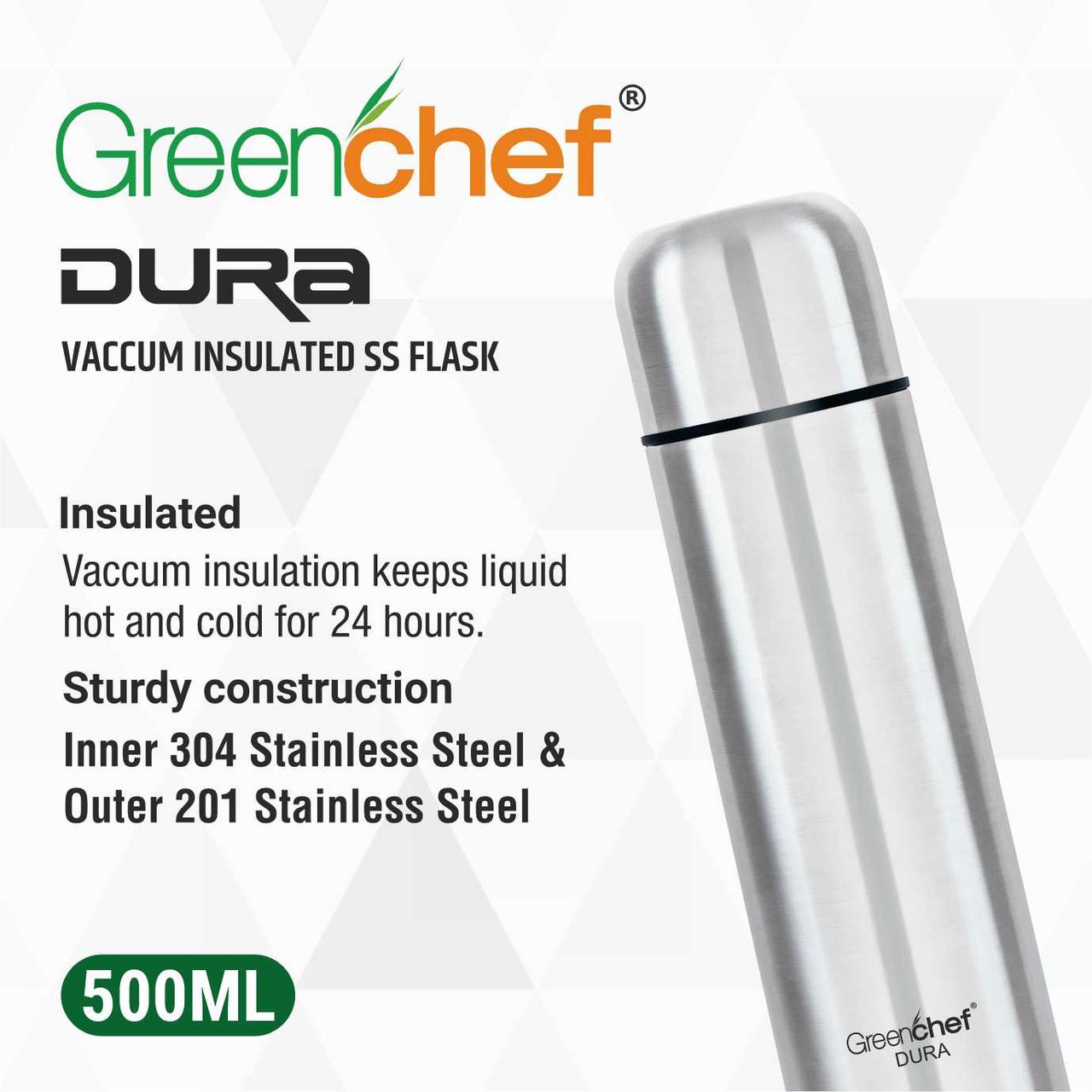Greenchef Vacuum Insulated Ss Flask - 500Ml - Dura 500 Ml Flask(Pack Of 1, Steel/Chrome, Steel)