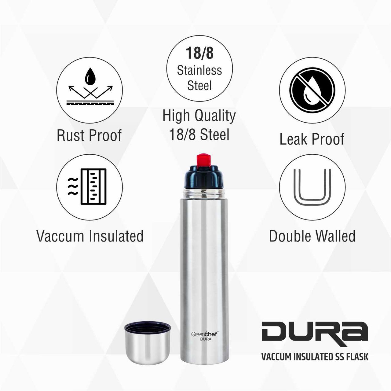 Greenchef Vacuum Insulated Ss Flask - 500Ml - Dura 500 Ml Flask(Pack Of 1, Steel/Chrome, Steel)