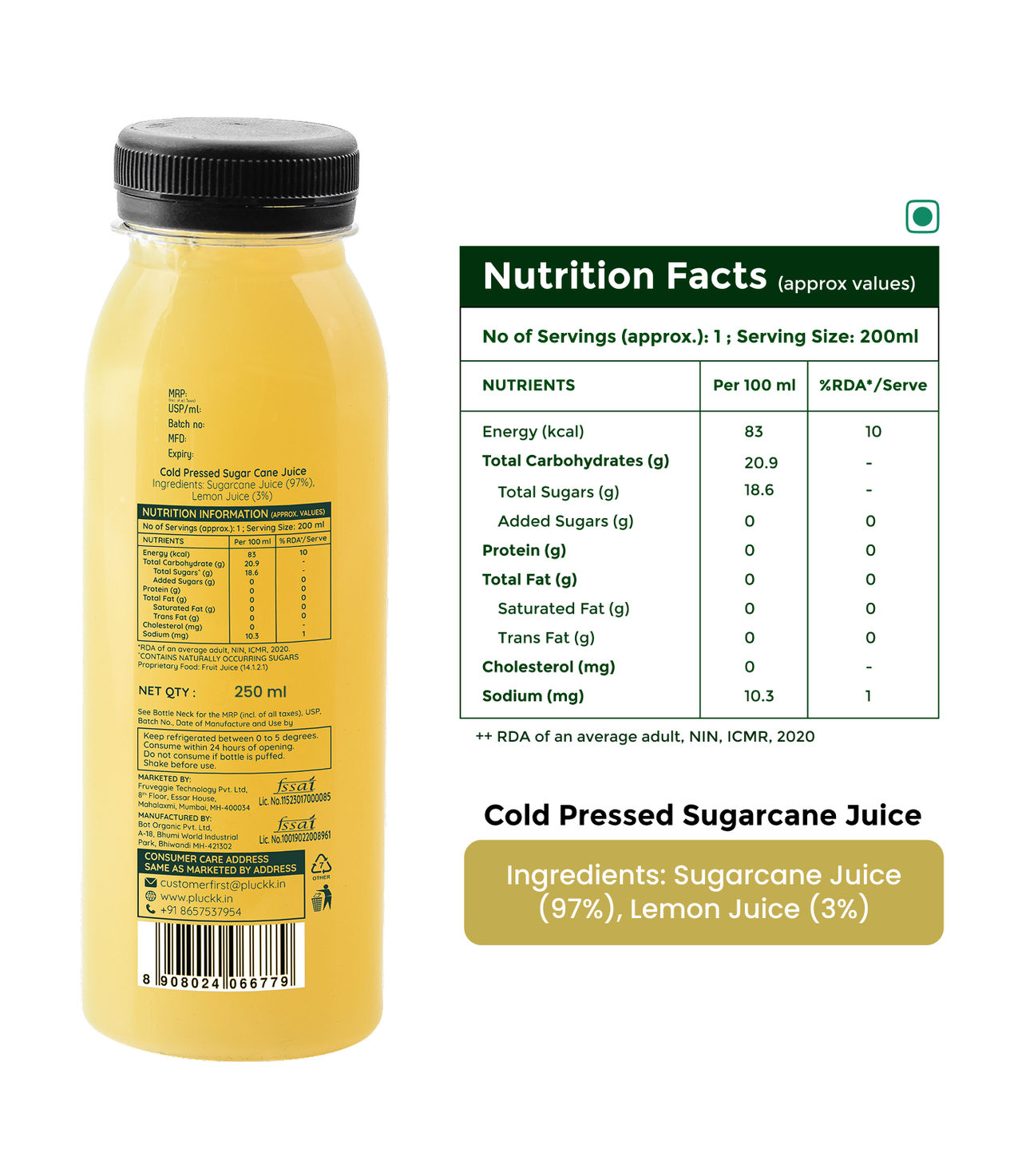 Pluckk 100% Fresh Sugarcane Juice 250 ml Combo