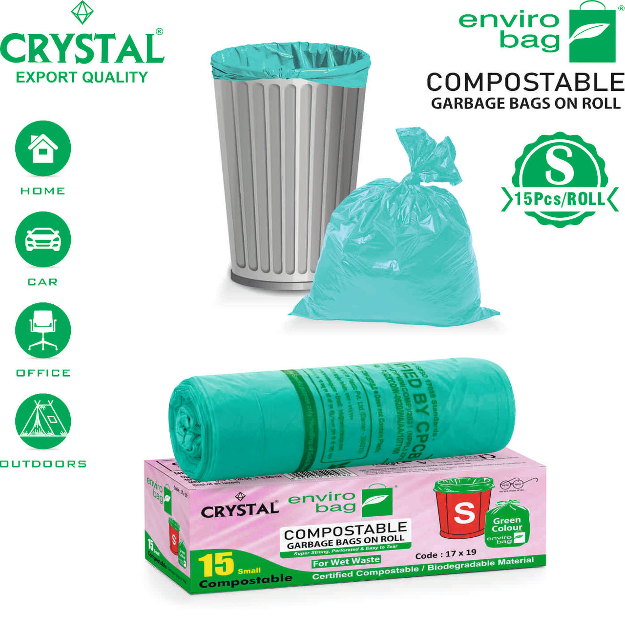 Crystal Small Garbage Bag 17x19, Compostable, Green Colour 1 pc Combo