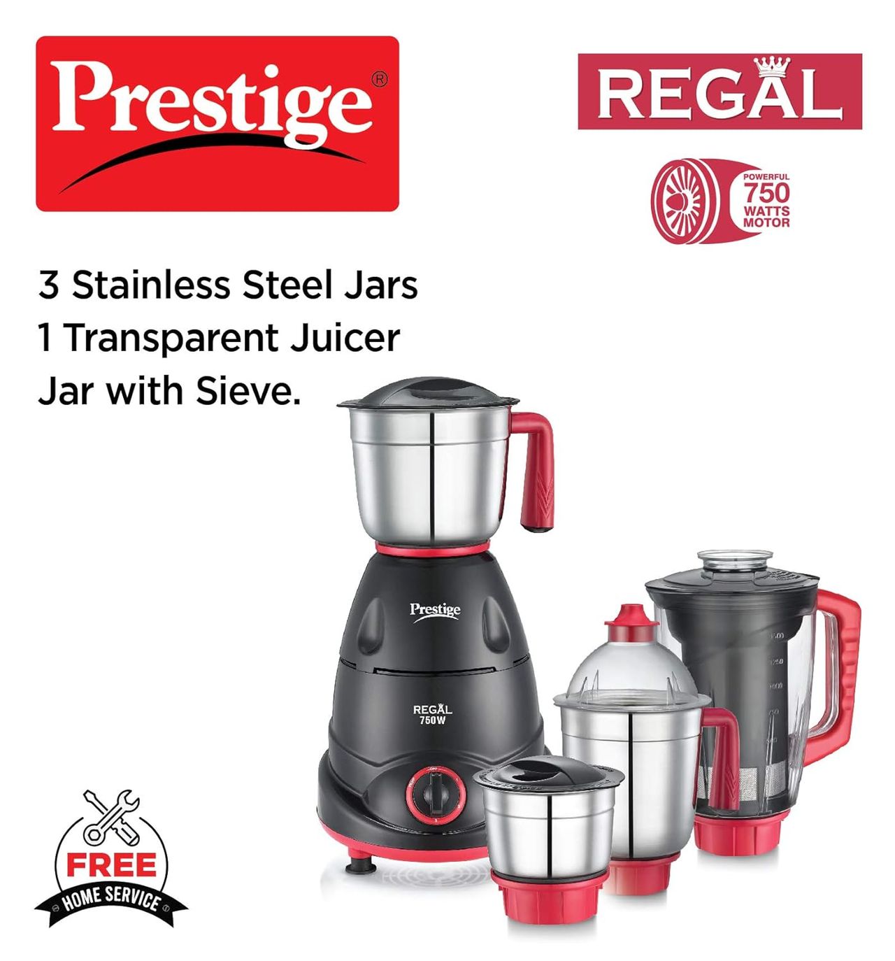 Prestige Regal Mixer Grinder | 750 W | 4 Jars - Black & Red