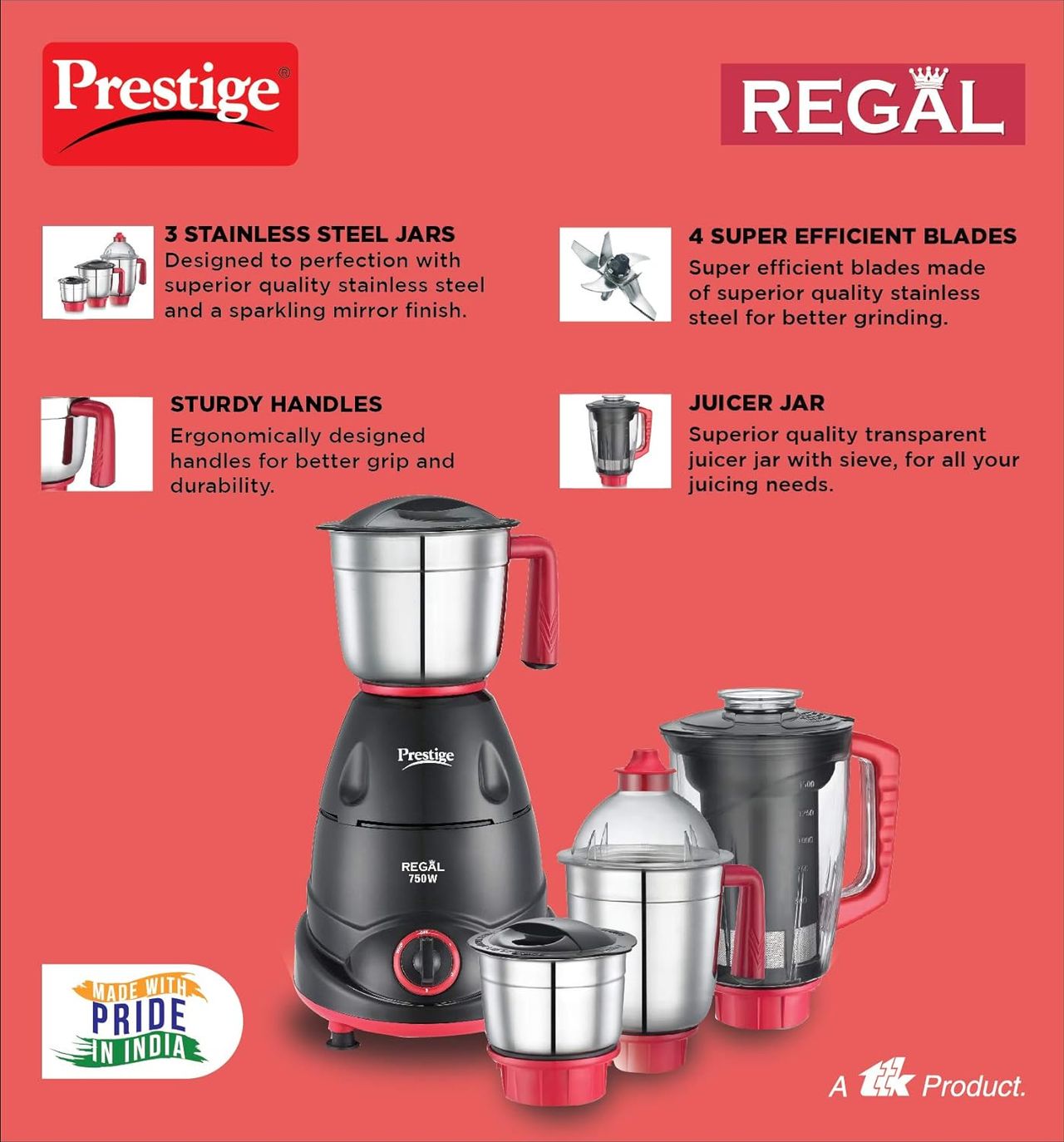 Prestige Regal Mixer Grinder | 750 W | 4 Jars - Black & Red
