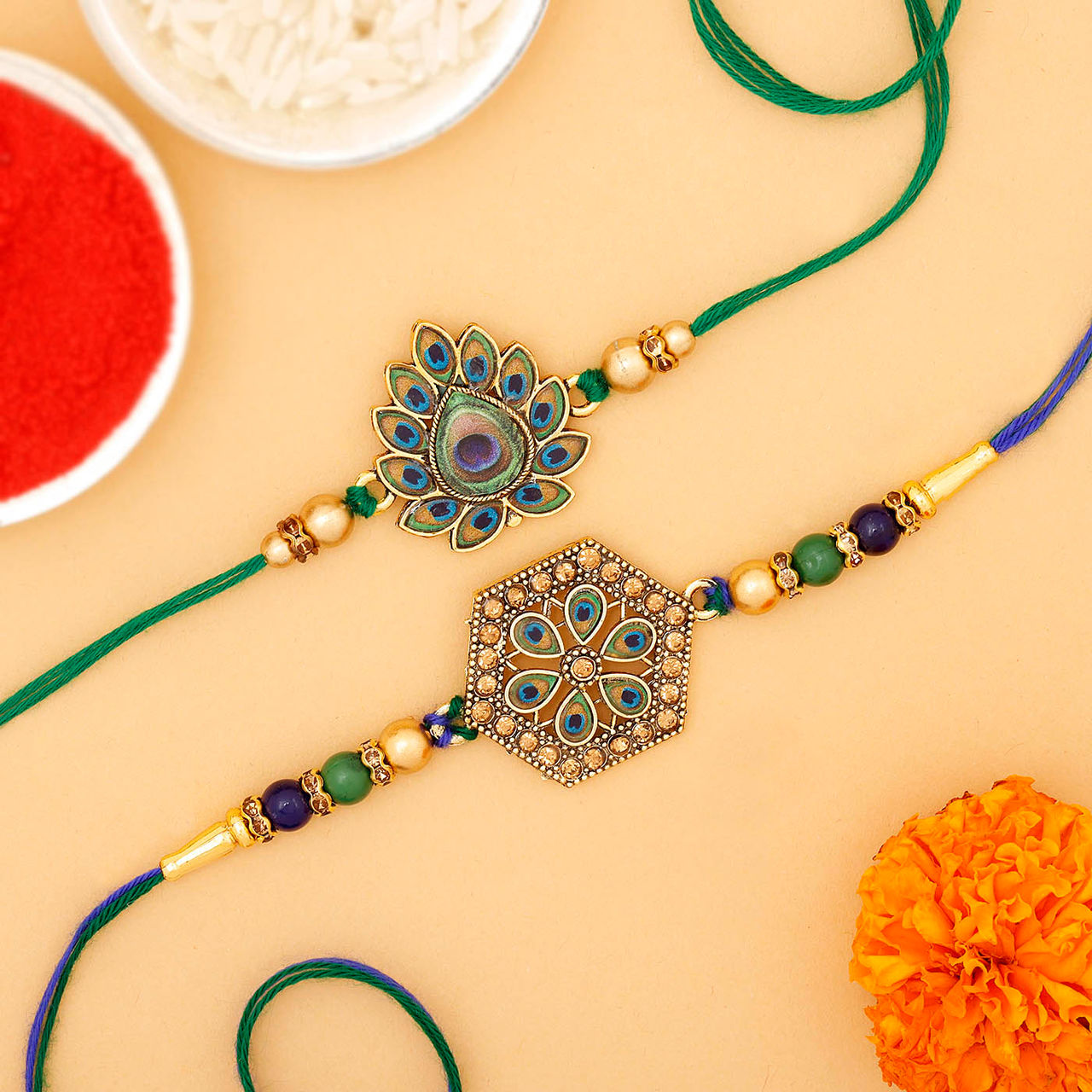 IGP 3D Peacock Feather Pendant Rakhi - Colorful and Elegant