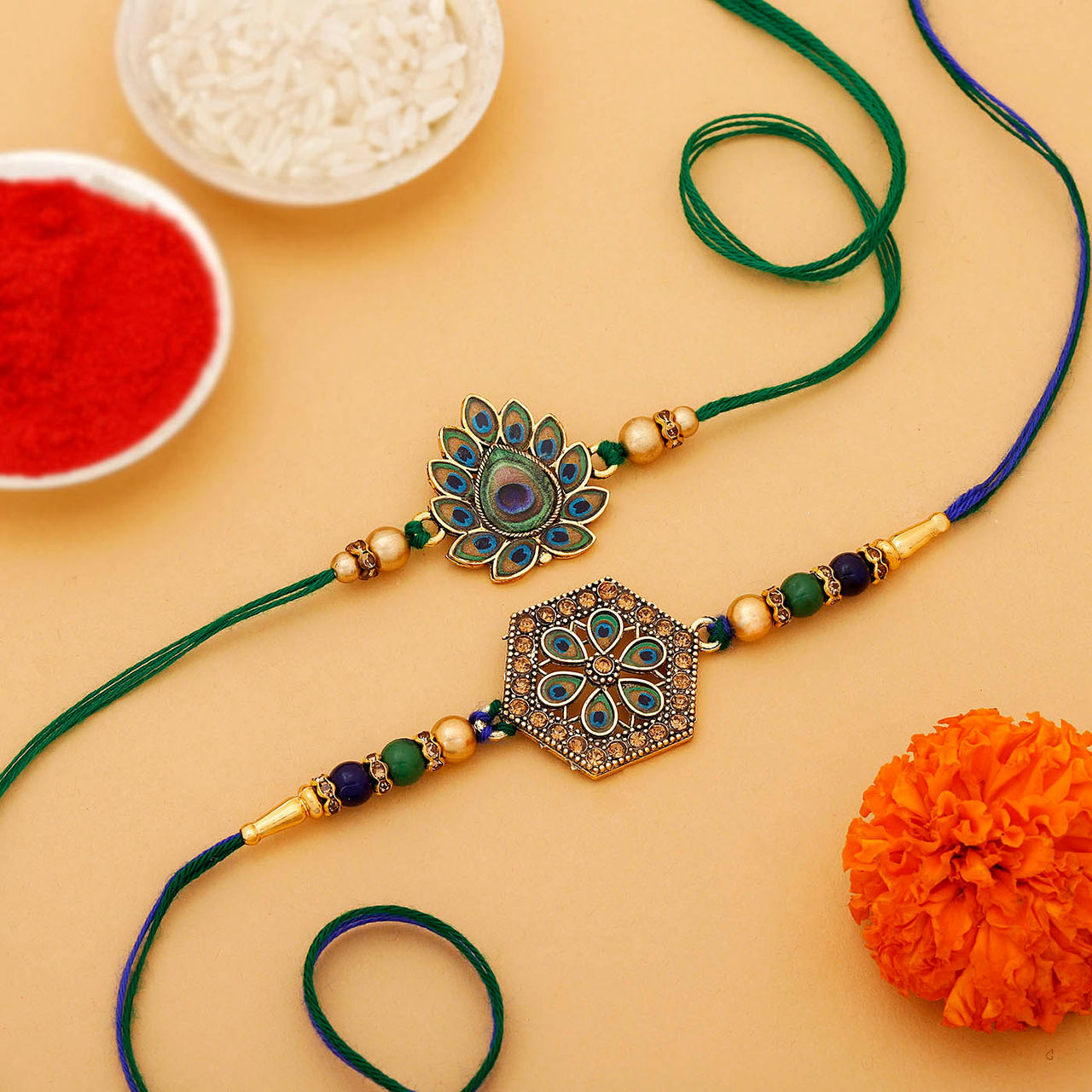 IGP 3D Peacock Feather Pendant Rakhi - Colorful and Elegant