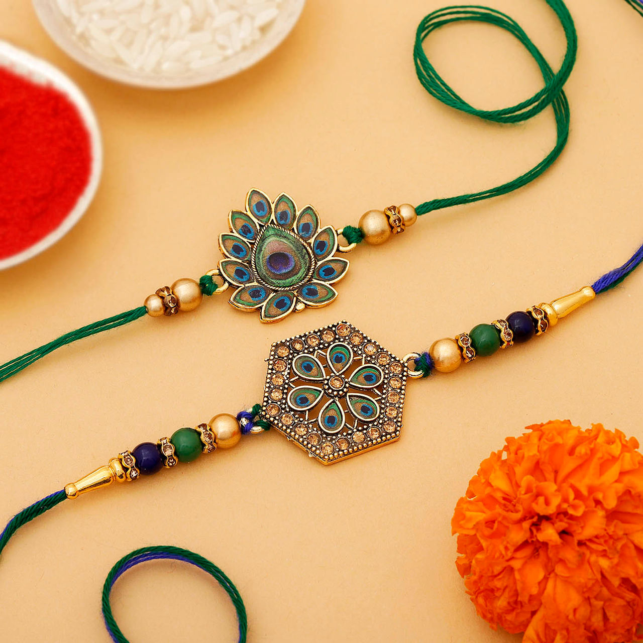 IGP 3D Peacock Feather Pendant Rakhi - Colorful and Elegant