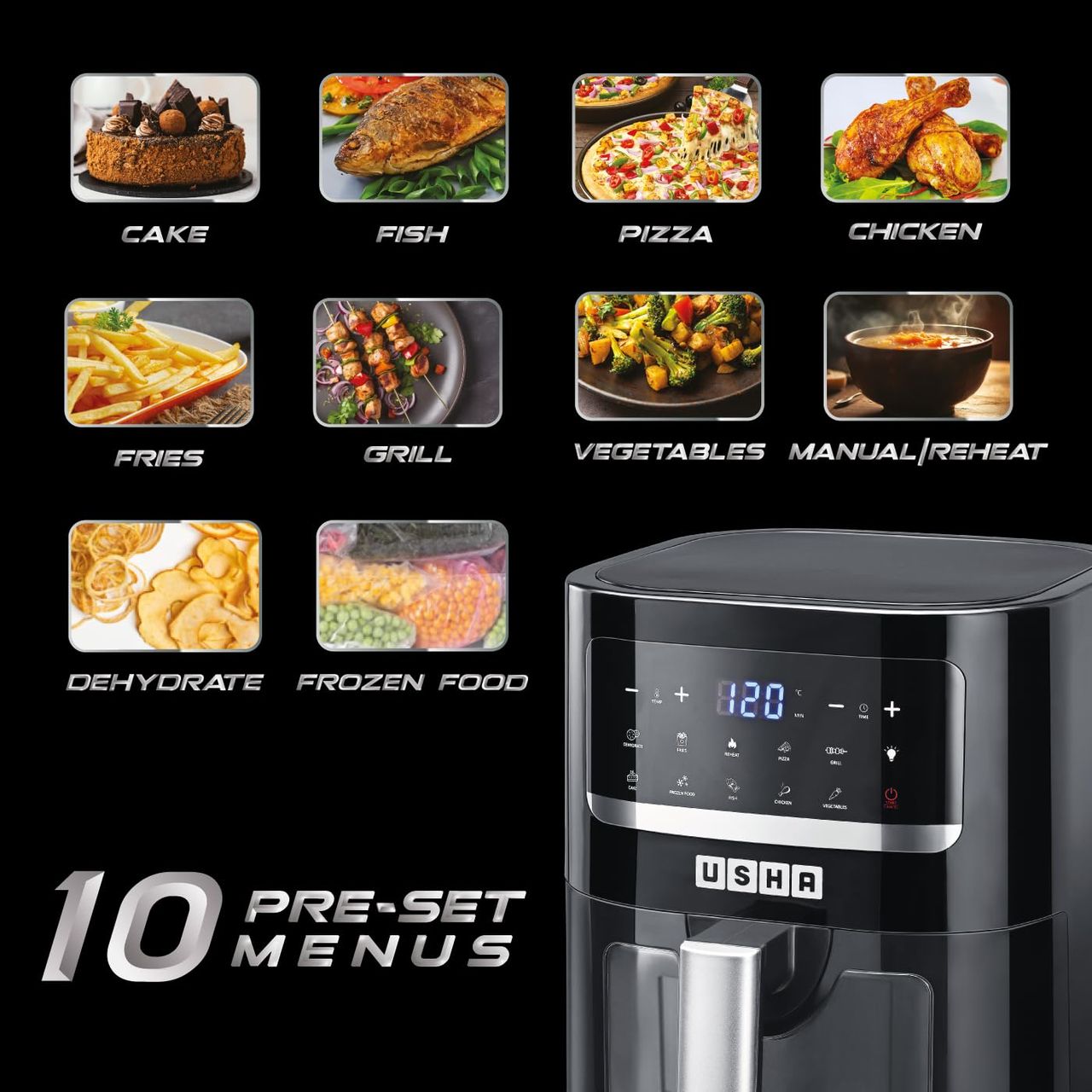Usha Ichef Smart Air Fryer 4.5L (1350W, 10-In-1 Functions Menu, 360� View, Digital Display, Black)