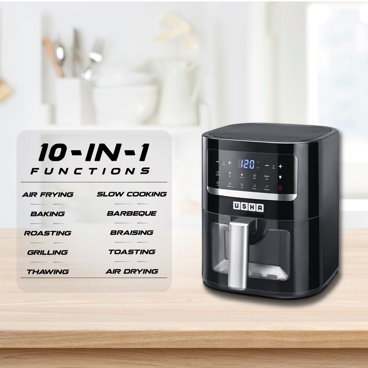 Usha Ichef Smart Air Fryer 4.5L (1350W, 10-In-1 Functions Menu, 360� View, Digital Display, Black)